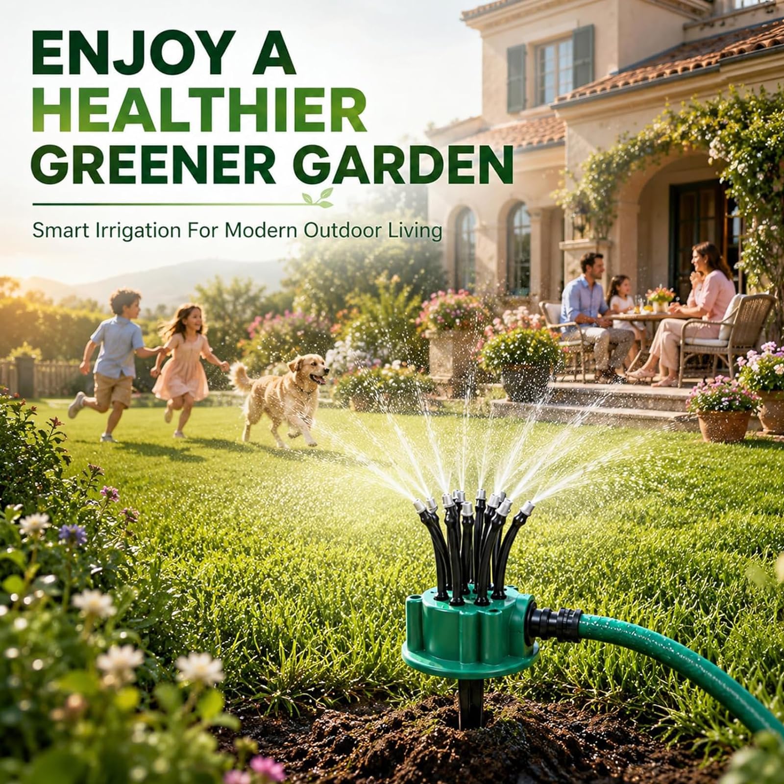 Sistema de riego de jardín, riego de 360°, ajustable, multidireccional, giratorio automático, con 12 boquillas flexibles para macizos de flores, cuidado del césped, 1 pieza