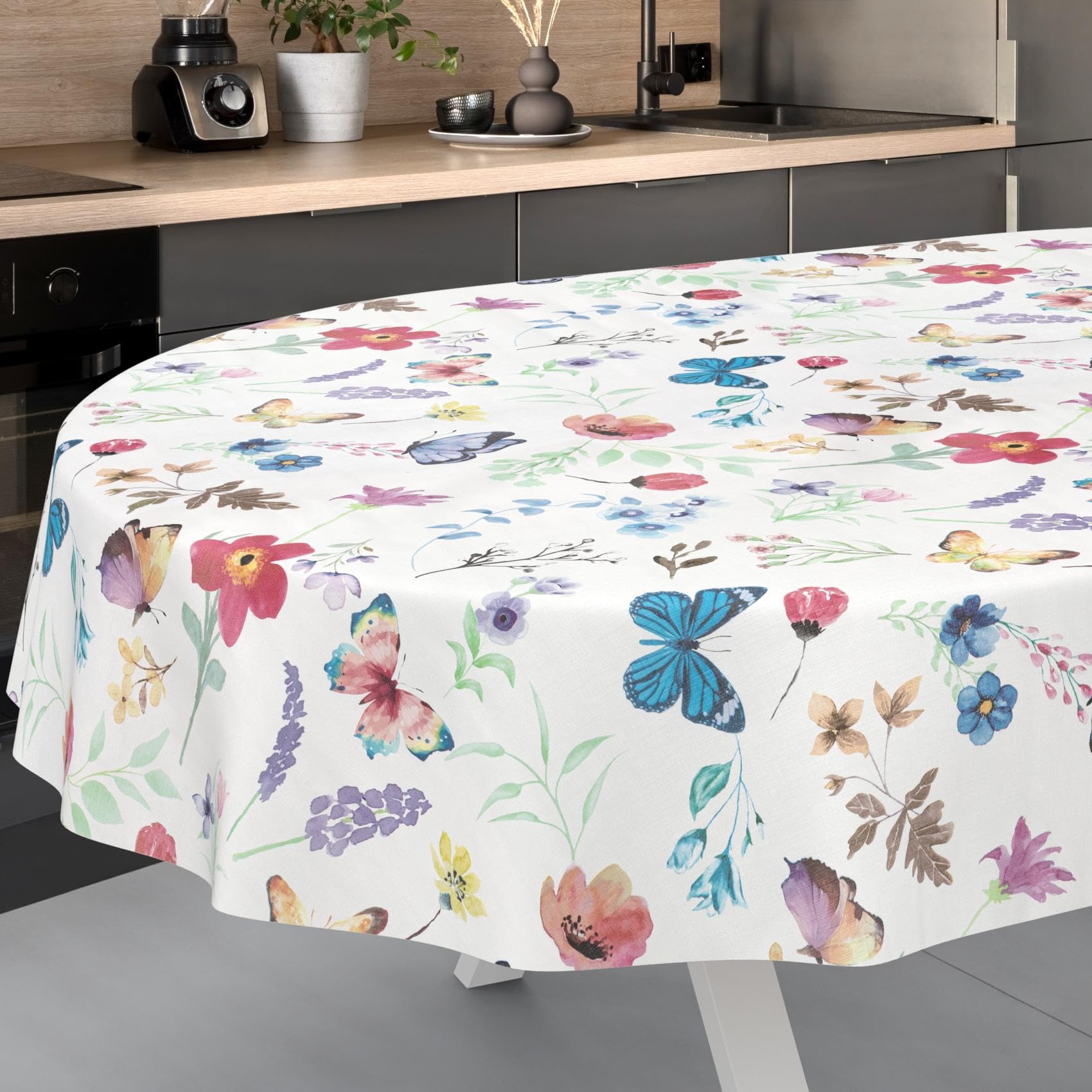 Nappe en toile cirée lavable, facile d'entretien, imperméable, effet lotus, nappe de jardin, motif papillons, ovale, 200 x 140 cm, bord coupé
