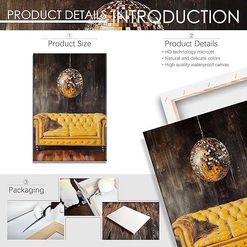 Miniatura 2 de ECUASMR Impresión artística retro de bola de discoteca sobre el sofá, estética de discoteca glamorosa de los años 70, sofá retro vintage de los años