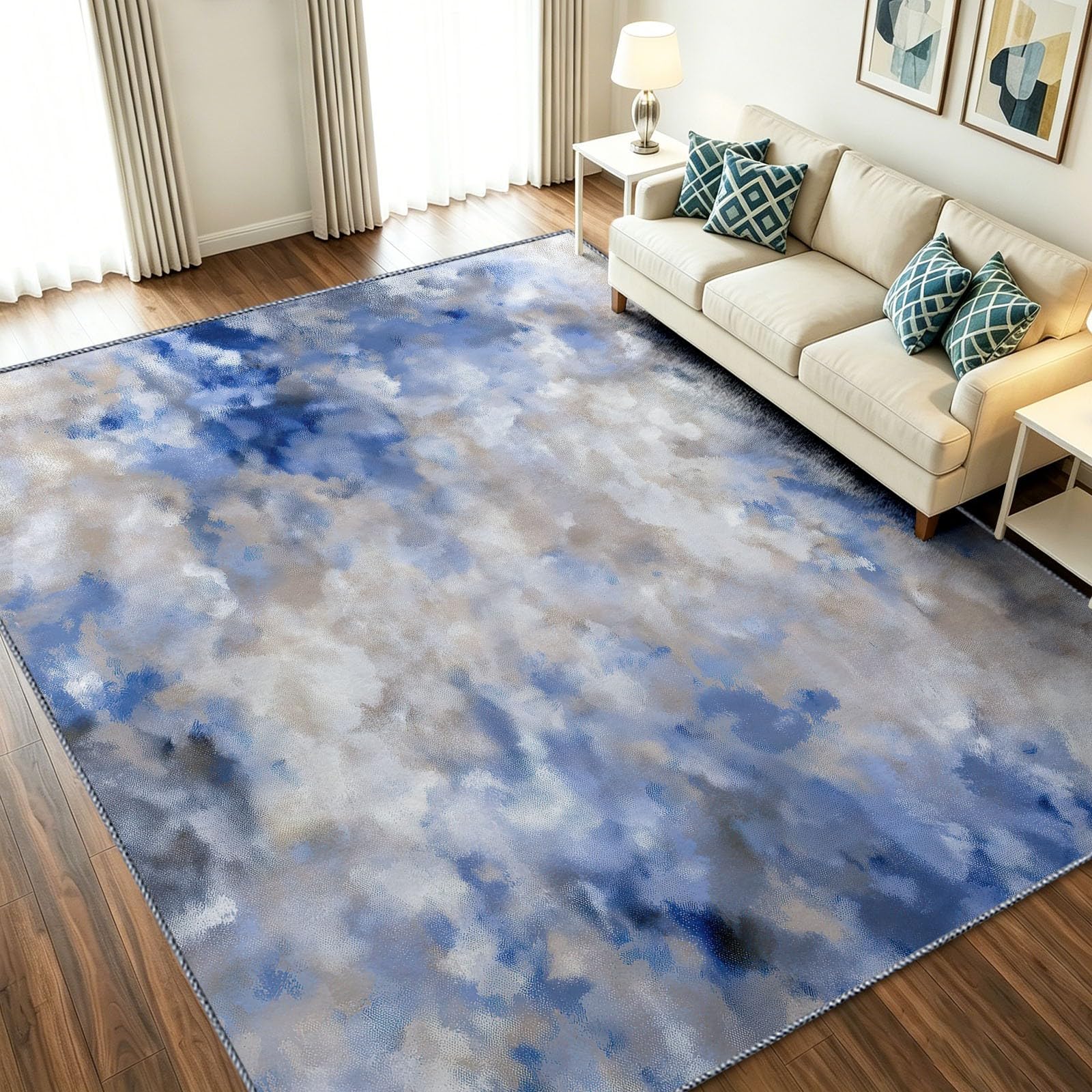 Tapis bleu 90x150 cm style vintage et peinture nuages