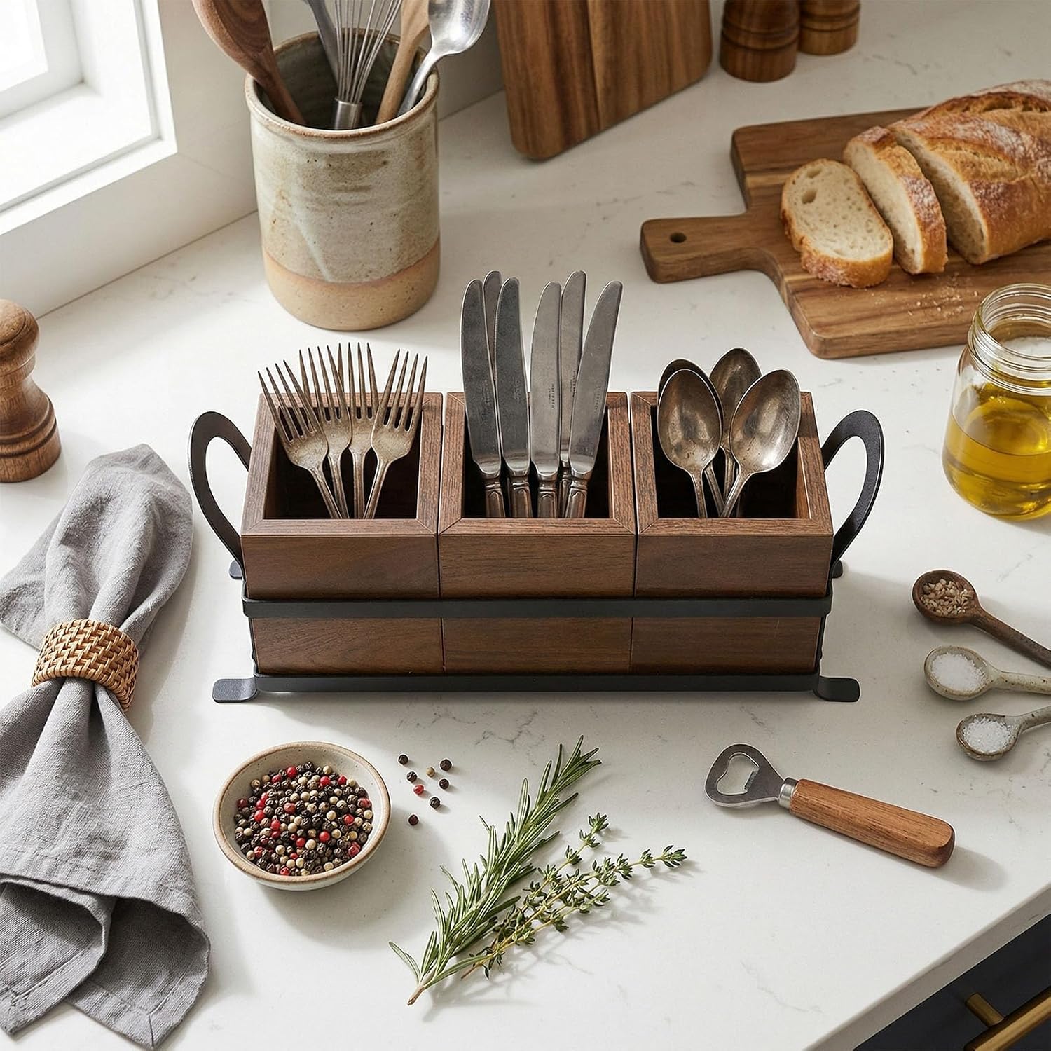 Zerodis Wooden Utensil Holder,3 Compartment Kitchen Countertop Silverware Organizer Flatware Organizer Cutlery Storage Box for Forks Spoons Chopsticks Knife (Flatware)