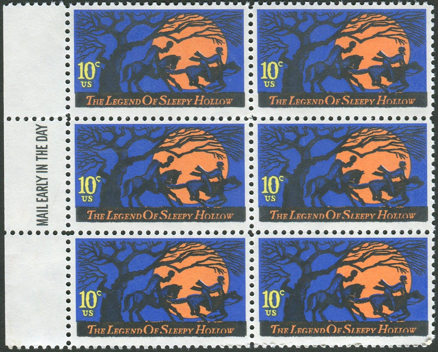 LEGEND OF SLEEPY HOLLOW ~ ICHABOD CRANE ~ WASHINGTON IRVING #1548 Block of 6 x 10¢ US Postage Stamps