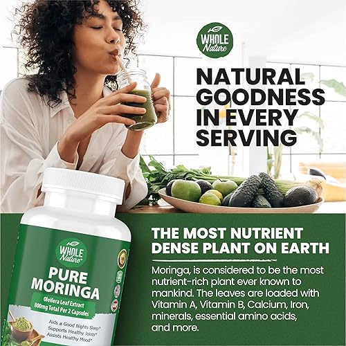 Miniatura 3 de Whole Nature Cápsulas de Moringa, 800 mg de hojas orgánicas de Moringa Oleifera en polvo Superalimento Verdes Pure Moringa Pills es un suplemento