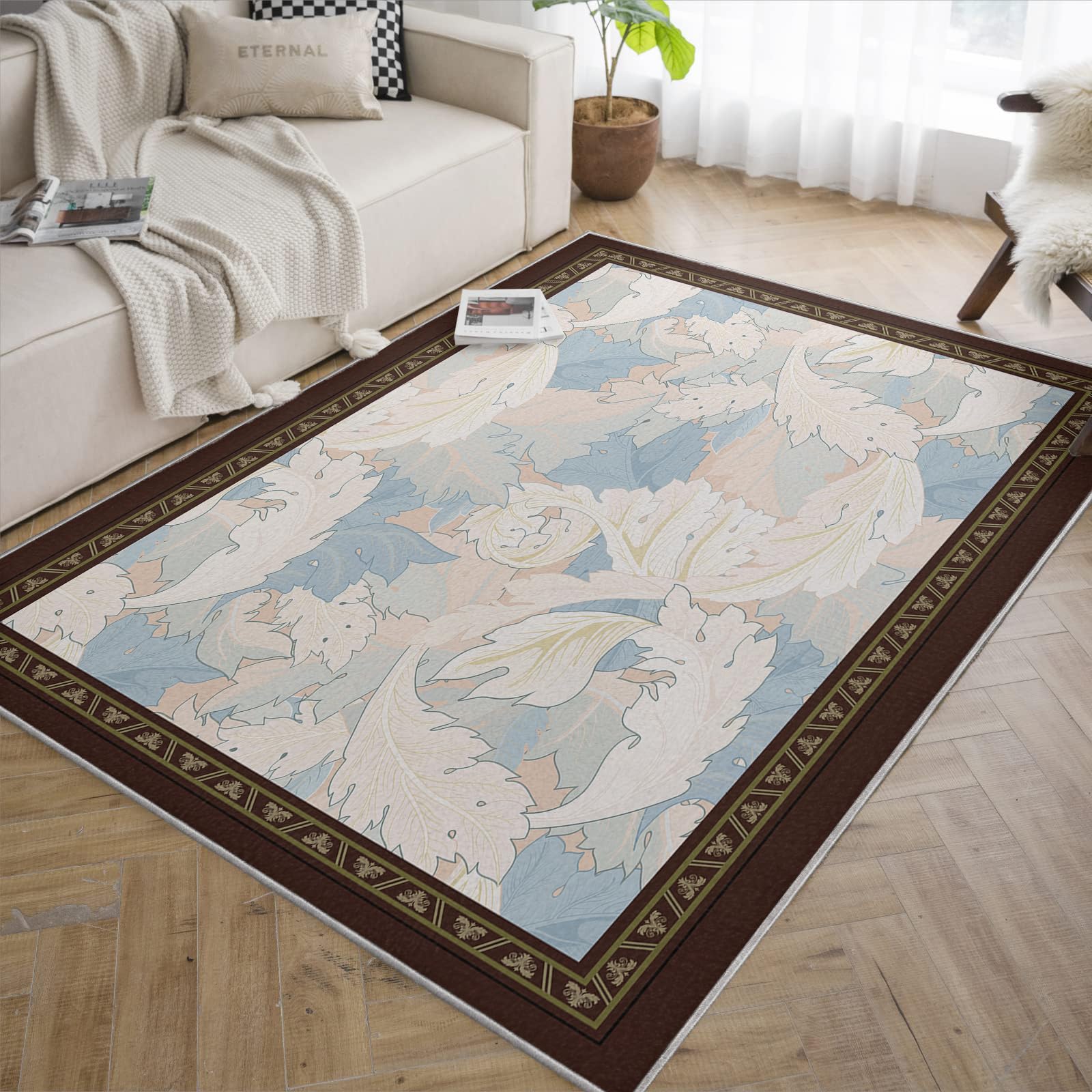Brązowe cienkie dywaniki 180 x 270 cm styl sielankowy dekoracja podłogi niebieski i rumieniec liście botaniczne wzór dywan do jadalni akademika łatwe czyszczenie