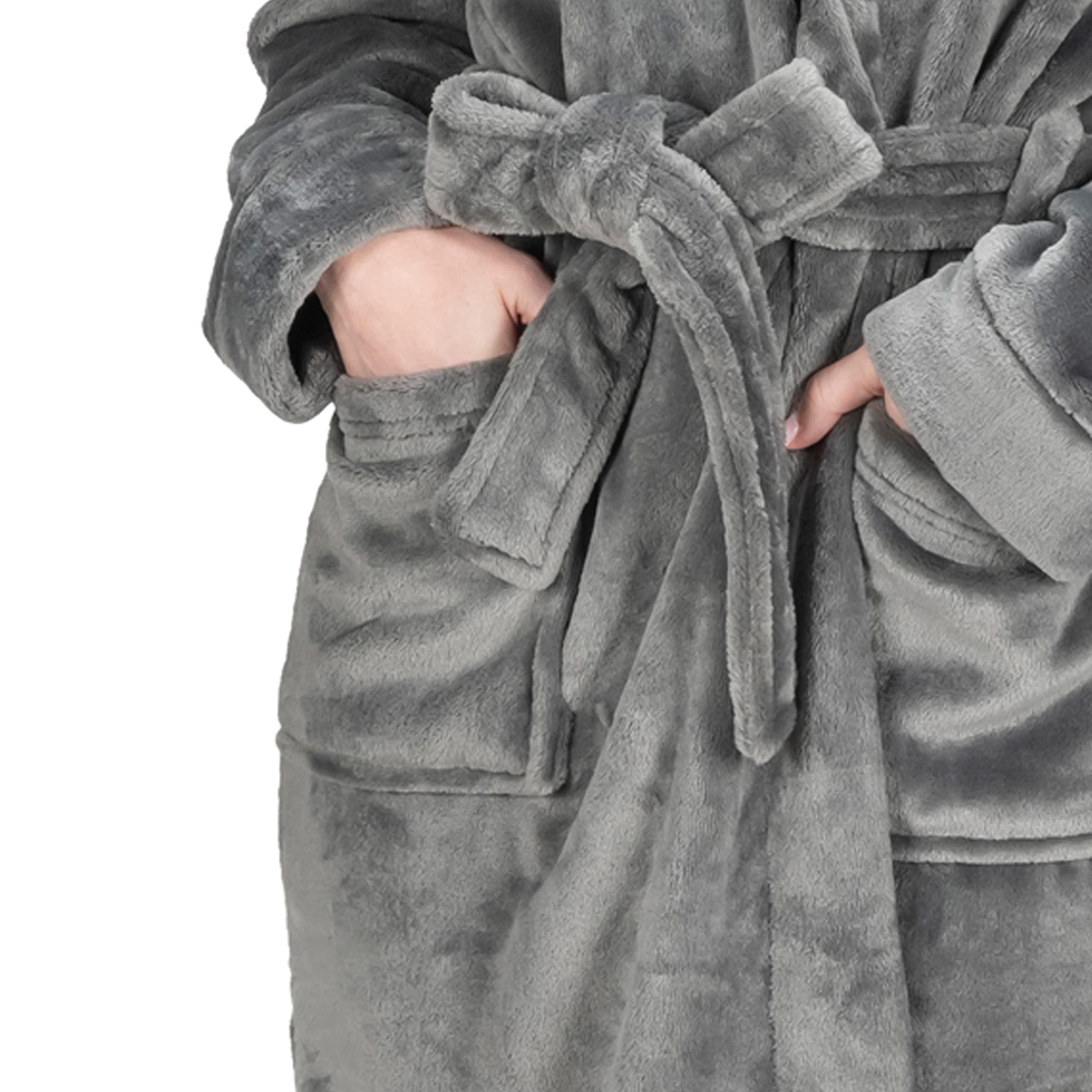MONHOUSE Womens Dressing Gown - Premium Super Soft & Cosy Long Bathrobe - Ladies Thick Flannel Luxury Housecoat - Warm Fluffy Shearling Spa Robe for Her - Sherpa Bathrobe - Dark Grey - UK 20-22