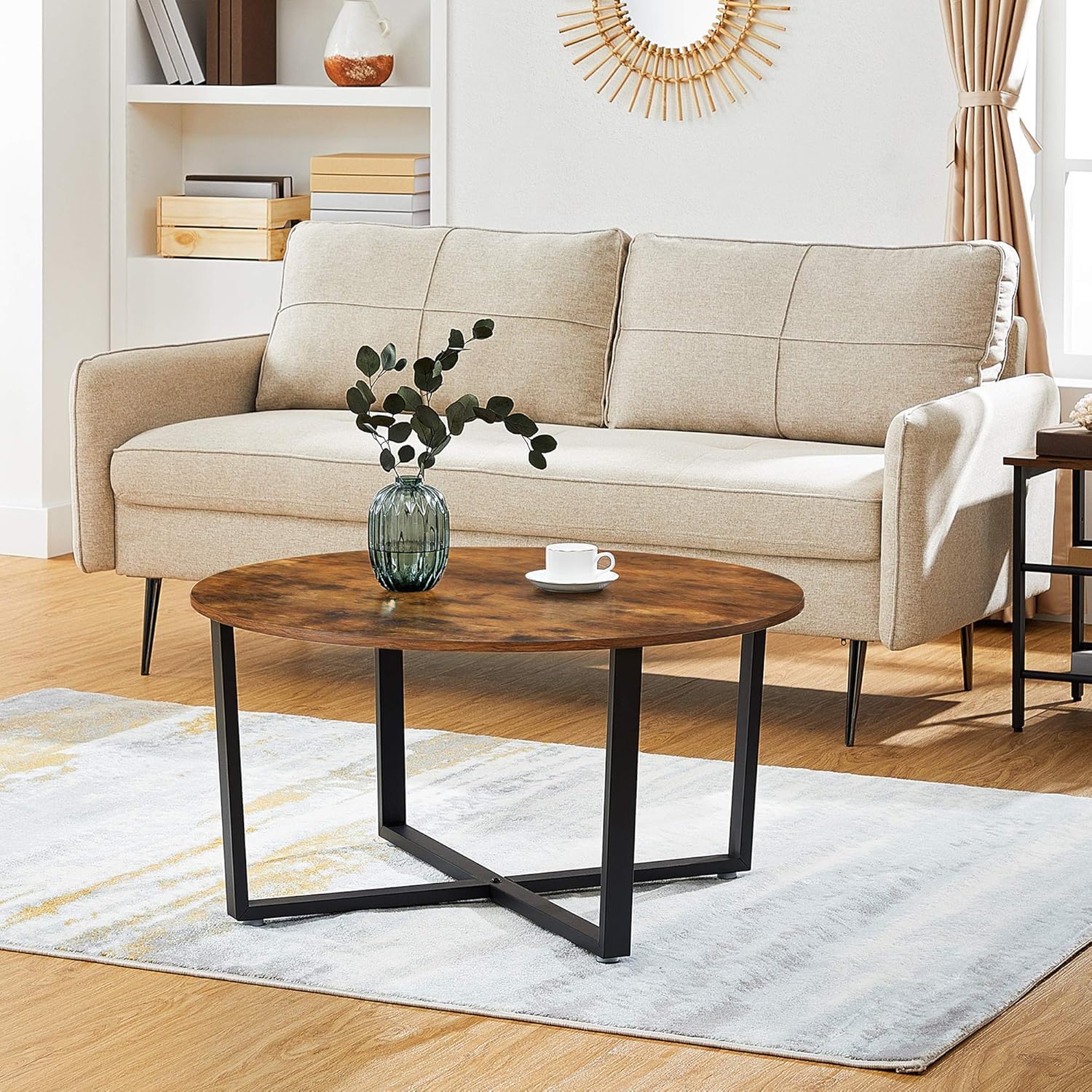VASAGLE Runder Couchtisch, Wohnzimmertisch, Industriestil, Stahlrahmen, einfache Montage, für Wohnzimmer, Schlafzimmer, rustikales Braun und Schwarz LCT88X