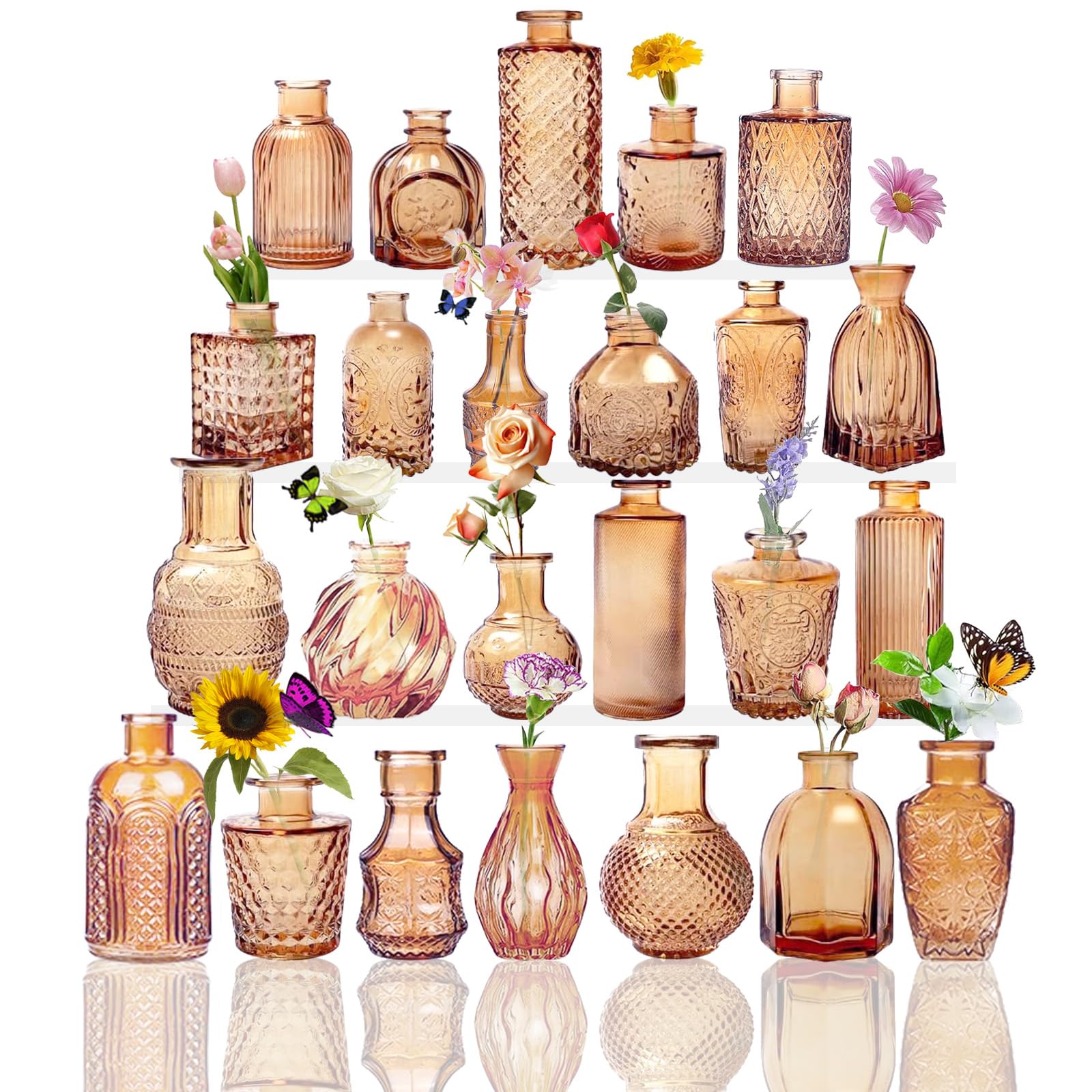 Glass Bud Vases, Set of 24, Mini Flower Vases for Centrepieces, Vintage Bottles for Table Decorations, Wedding Decor, Home, Clear (24, Amber)
