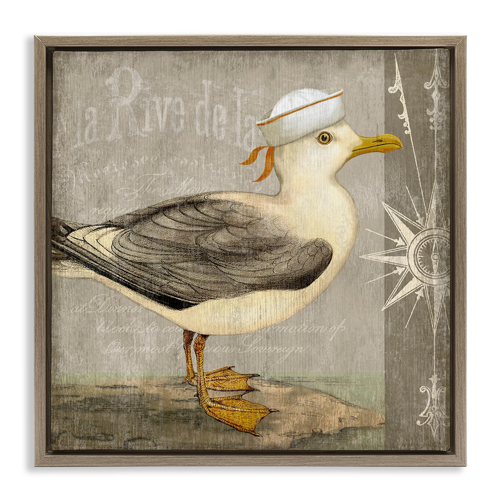 Stupell Industries Vintage Seagull Nautical Compass 'Rustic Little Seagull', Floating Frame Canvas Art, Brown, 18 X 18 Inches, Easy To Hang And Sturdy, Made In Usa, By Suzanne Nicoll