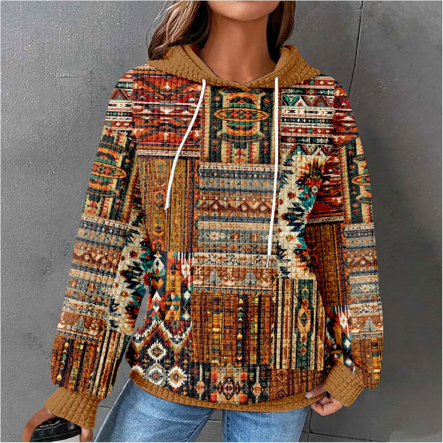 MARSVOVO Patchwork Hoodie for Women Dressy Drawstring Waffle Sweatshirt Pullover Oversized Casual Spring Fall Hoodies - Image 3