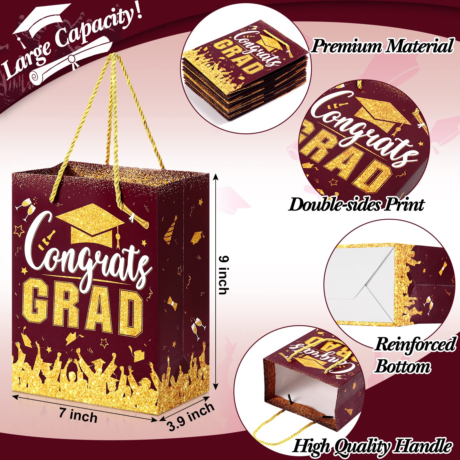 TaoBary 12 Pcs Graduation Gift Bags with Tissue Party Favor Bag Handles Class of 2026 Grad Paper Goodie Bulk for Congrats Supplies(Burgundy Gold)
