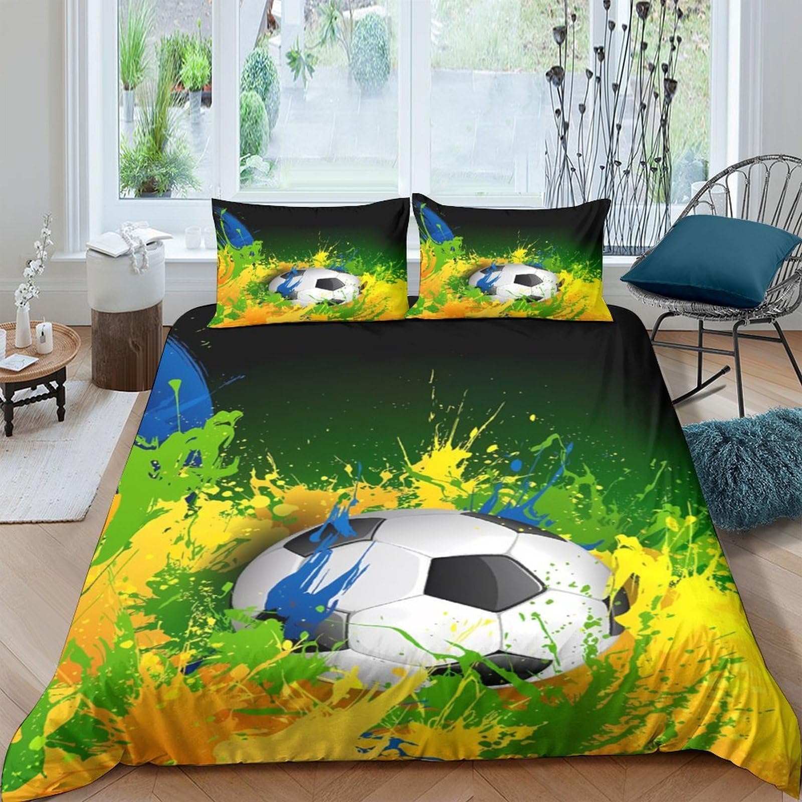 Ctjqhvkz Style-4 3D Printed Football Splash Fitted Sheet Microfiber Vibrant Soccer Art Mattress Cover For Bedroom Dorm Use Single（135X200cm）
