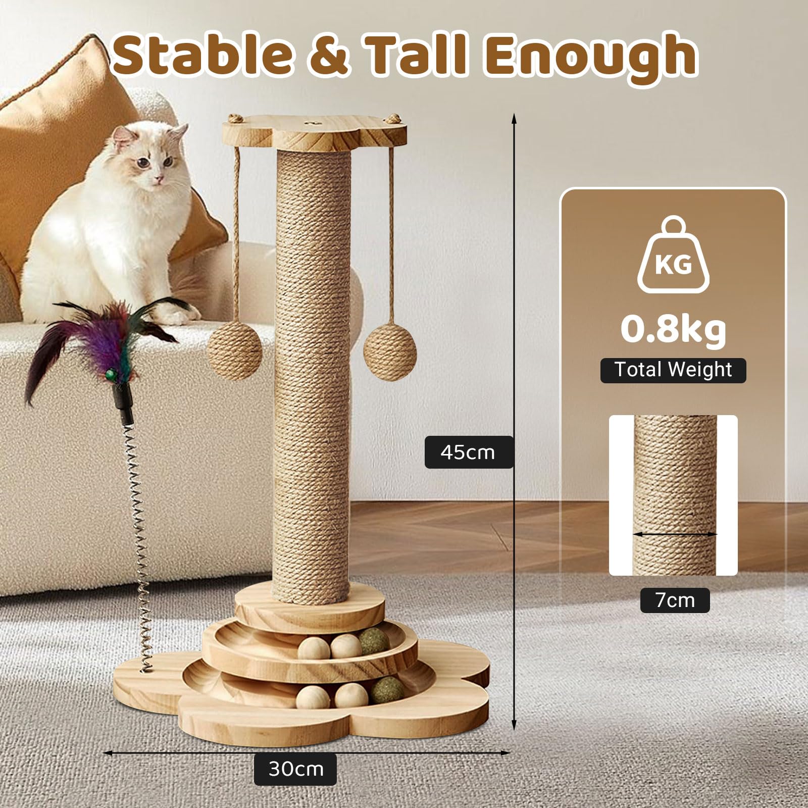 Cat Scratching Post with Natural Sisal, Sturdy Cat Scratcher for Indoor Smaller Cats Kitten Toy with Scratching Posts - Image 3