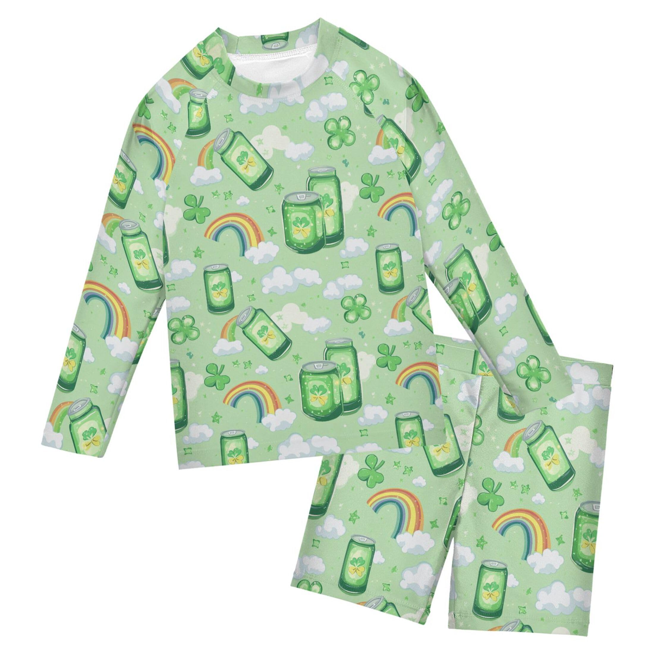 St Patrick Clover Cans Rainbow Baby Boys' Toddler Long Sleeved Rashguard Swim Bathing Suit Set B0404678