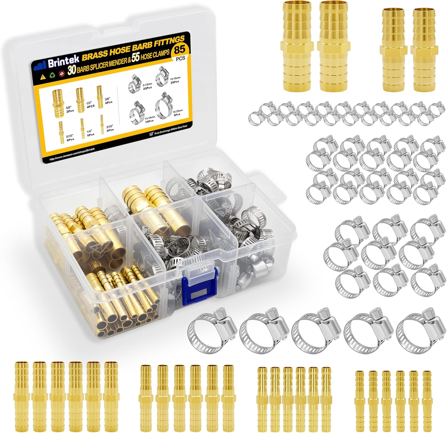 30PCS Brass Hose Barb Fittings Splicer Mender 3/16” 1/4” 5/16” 3/8” 1/2” 5/8” with 55PCS Stainless Steel Hose Clamps for Fuel Gas Water Air