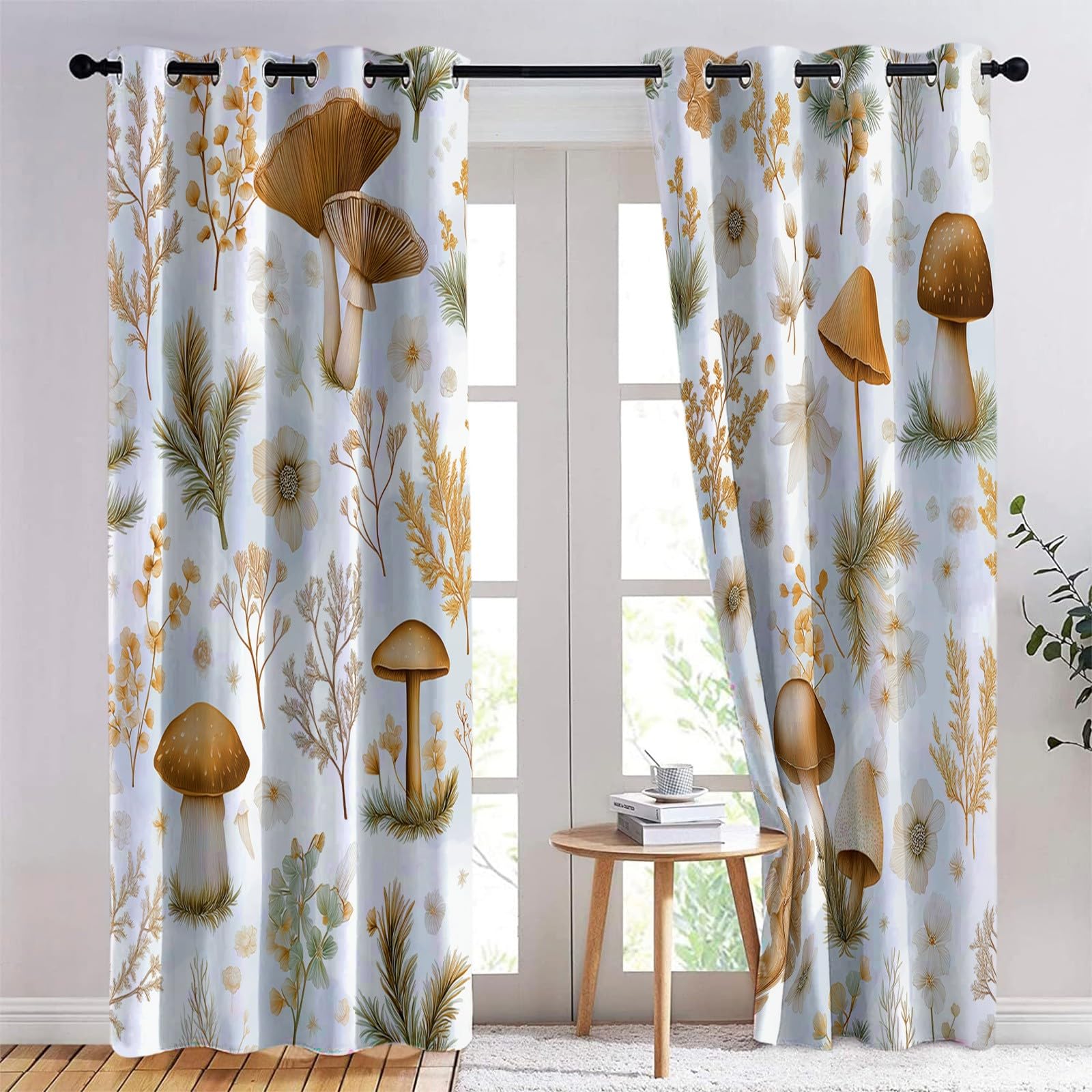 Verdunklungsvorhänge für Pilz, 100 x 178 cm (B x H), für Jungen Mädchen, Blickdichte Gardinen Ösenpaar, Handgezeichnete Pilzen Blumen Und Pflanzen Vorhänge für Kinderzimmer