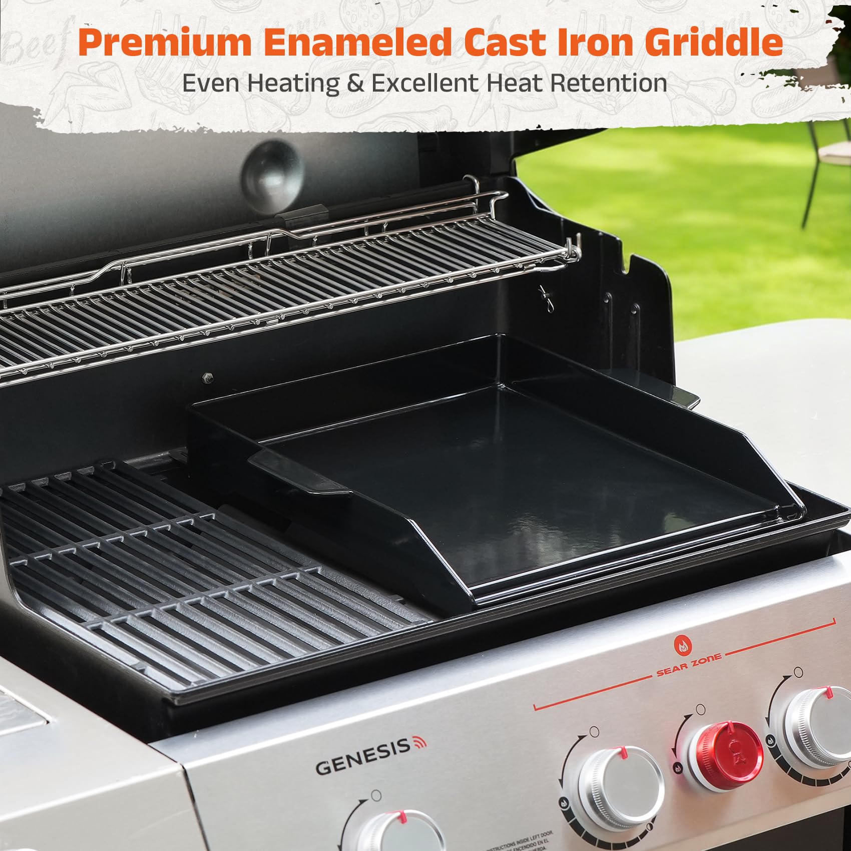 onlyfire Plancha de Hierro Fundido para Barbacoa, Plancha Universal con Soporte Ajustable para la Mayoría de Las Barbacoa de Gas, Esmaltada, Placa con Asas para Barbacoa Weber, Enders