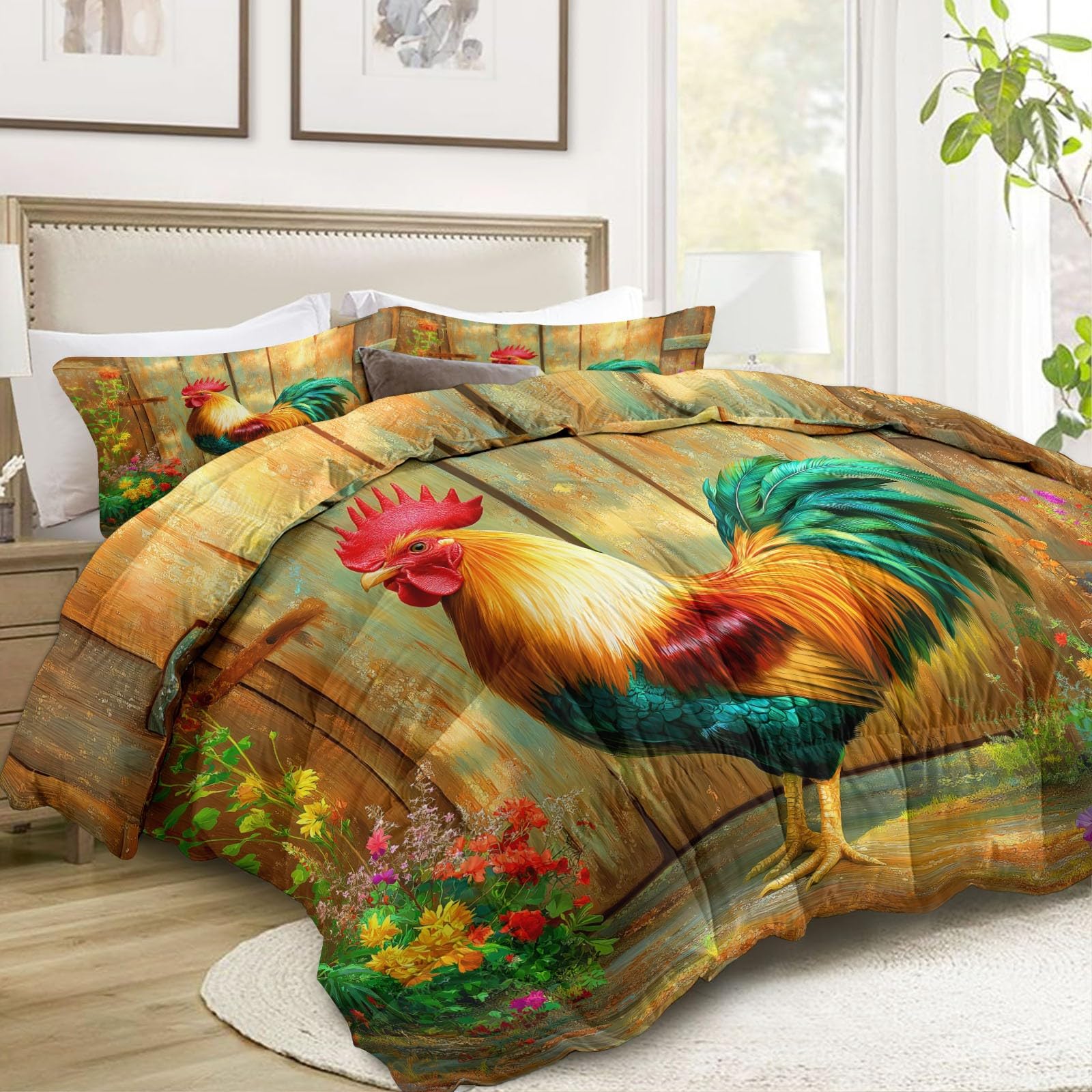 Générique Farma Kwiatowa Kołdra Kurczak Kołdra 140 x 200 cm, Rustykalny Styl Dwustronna kołdra dla dzieci Dziewcząt Chłopców Nastolatków - Zapakowana Miękka i oddychająca kołdra