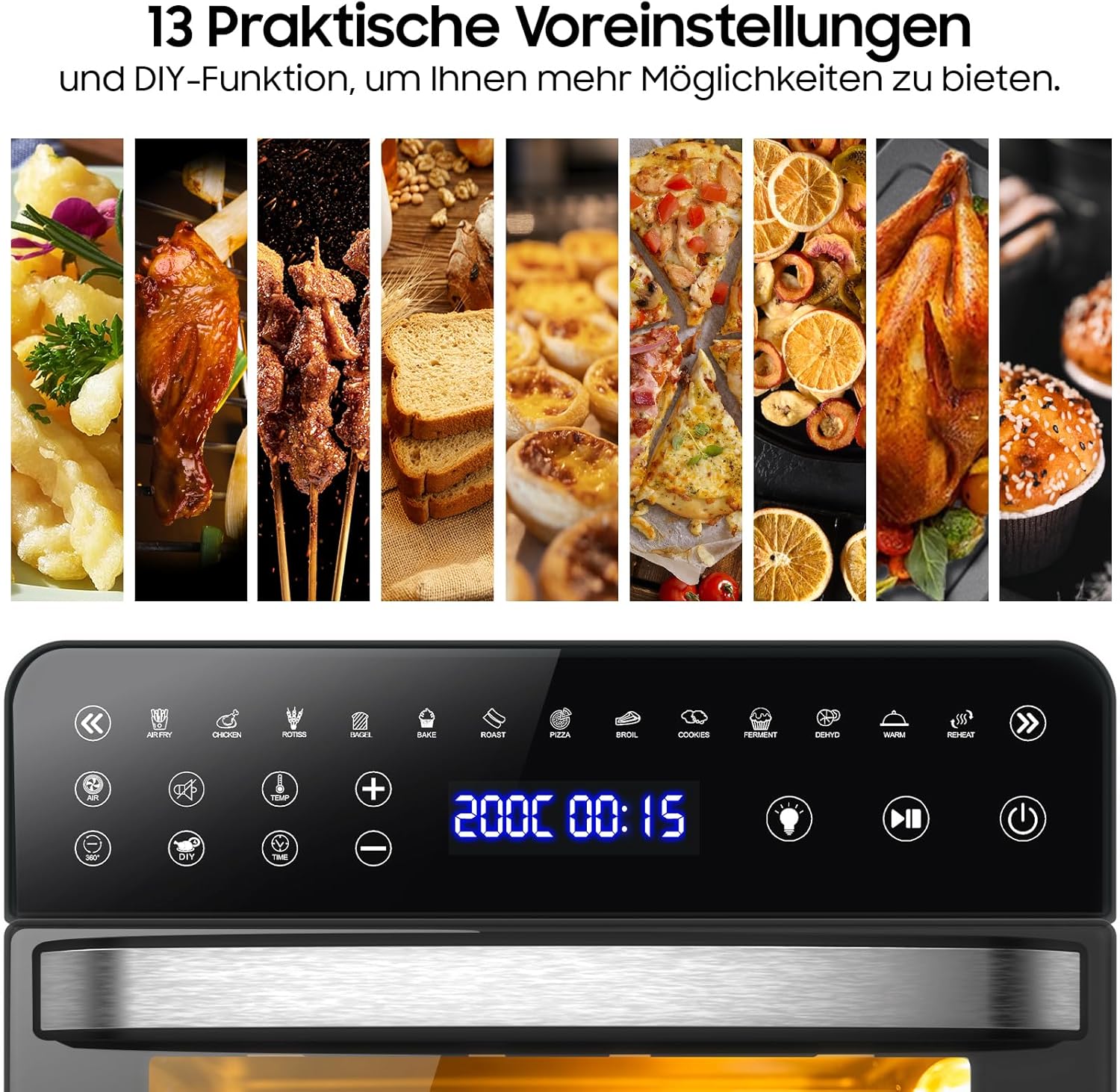 Iceagle Friggitrice ad Aria 15 Litri - 13 in 1 Forno Air Fryer XXL 1800 W, Friggitrice Senza Olio, LED Touch Screen, Timer e Temperatura Regolabili, Essiccatore e Funzione Fai da te, Accessori inclusi Iceagle Friggitrice ad Aria 15 Litri - 13 in 1 Forno Air Fryer XXL 1800 W, Friggitrice Senza Olio, LED Touch Screen, Timer e Temperatura Regolabili, Essiccatore e Funzione Fai da te, Accessori inclusi