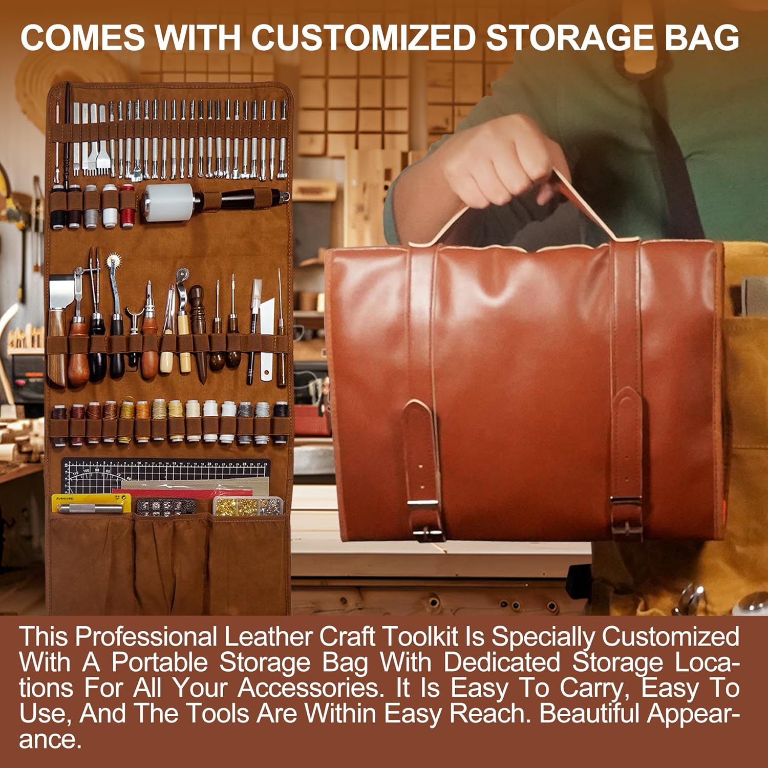 FIOQE Leather Tooling Kit Leather Craft Tools Leatherworking Kit 588Pcs DIY Set with Handbag for Bag Belt Wallet Engraving Punching Sewing Stamping Tools Professional