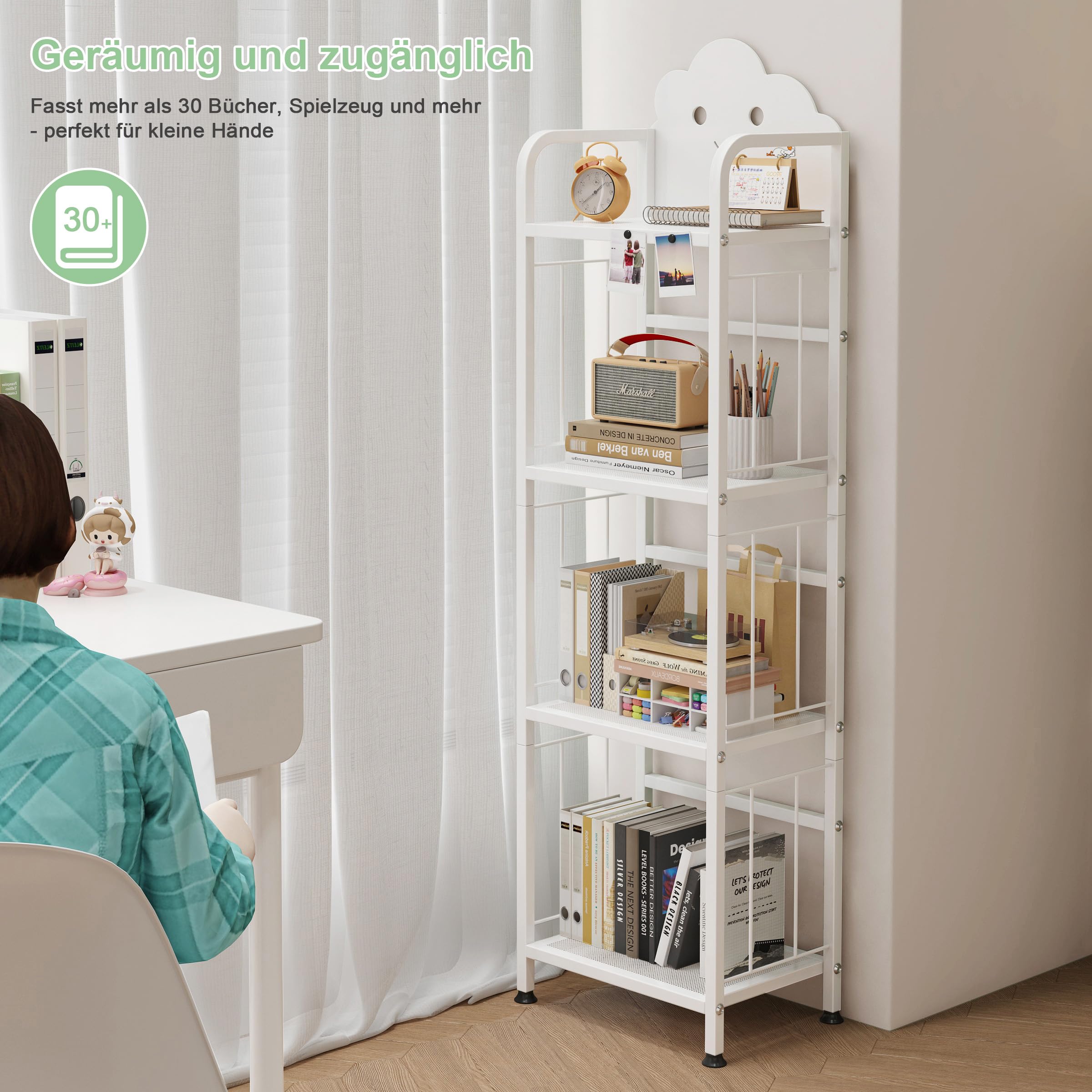 Cute Metal Kinderregal, 4 Etagen Bücherregal Aufbewahrungsregal für Kinder, Standregal mit Magnetische Buchstützen, Büro Arbeitszimmer, Kinderzimmer (Weiß)