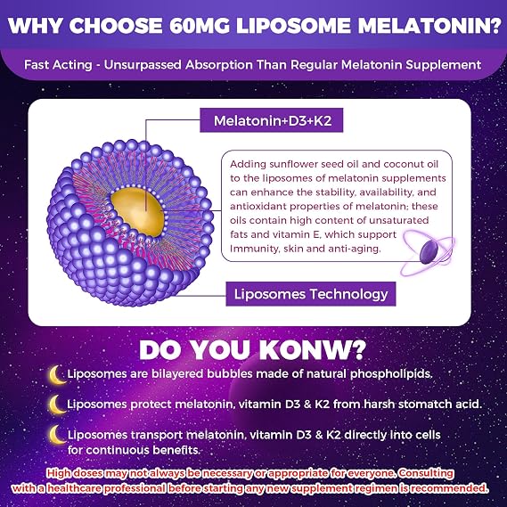 Liposomal Melatonin 60mg, High Potency with Chamomile, VD3 & K2, 75Softgels