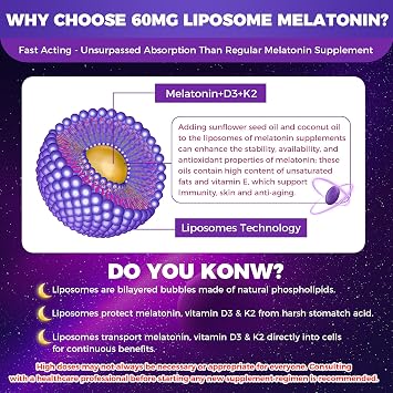 Liposomal Melatonin 60mg, High Potency with Chamomile, VD3 & K2, 75Softgels