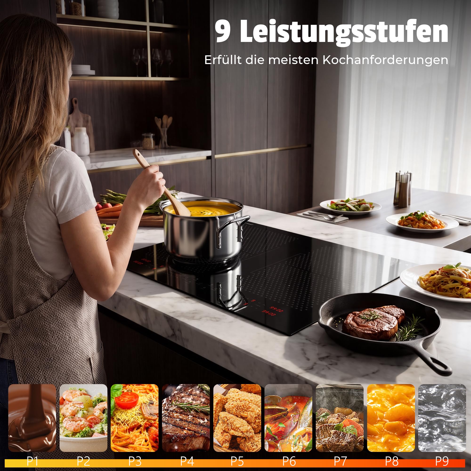 Karinear Induktionskochfeld 60 cm, 7200W Autark 4 Platten Flex Zone Boost | Einbau ohne Stecker, Touch Slider, Timer, Pause, Sicherheitsverriegelung und 9 Leistungsstufen für flexible Küche