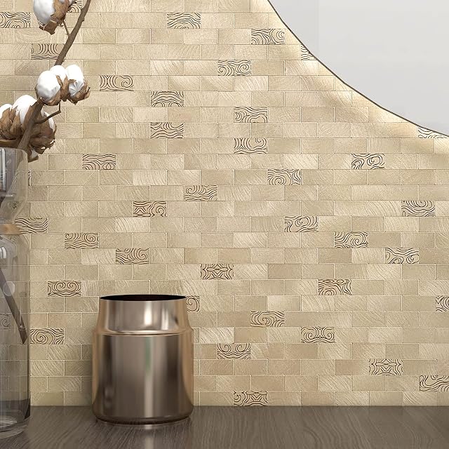 VAOVI 3D Stick on Tiles Kitchen,Self Adhesive Metal Wall Tile Stickers Bathroom Backsplash Mosaic(5tiles,Champagne Gold)