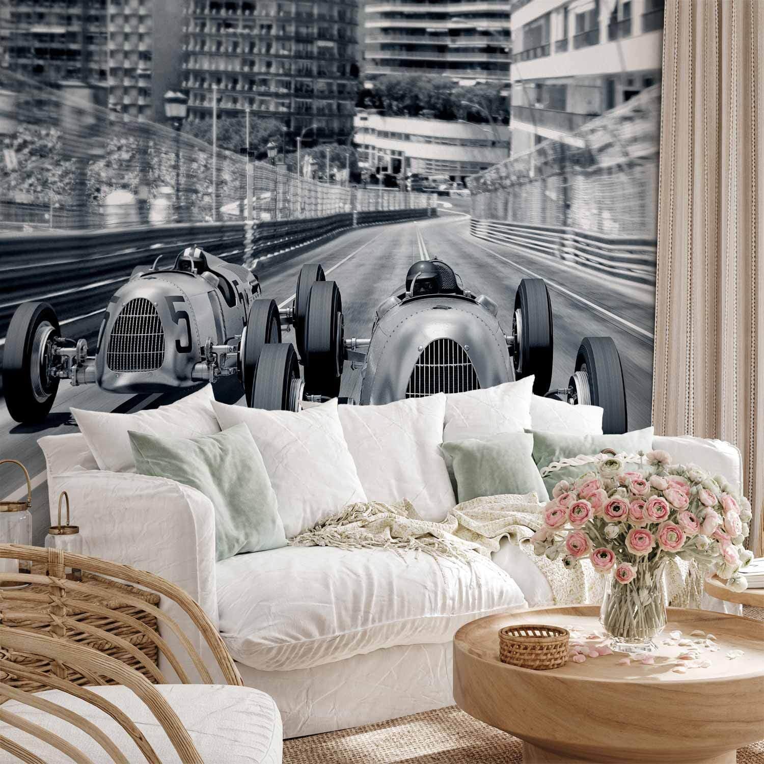 decomonkey Premium Fototapete Auto, 350x256 cm, XXL, Rennen grau, Vlies | Schlafzimmer, Wohnzimmer, Design, Tapete, Fototapeten, Tapeten, Vliestapete, Wandtapete, moderne, Wand
