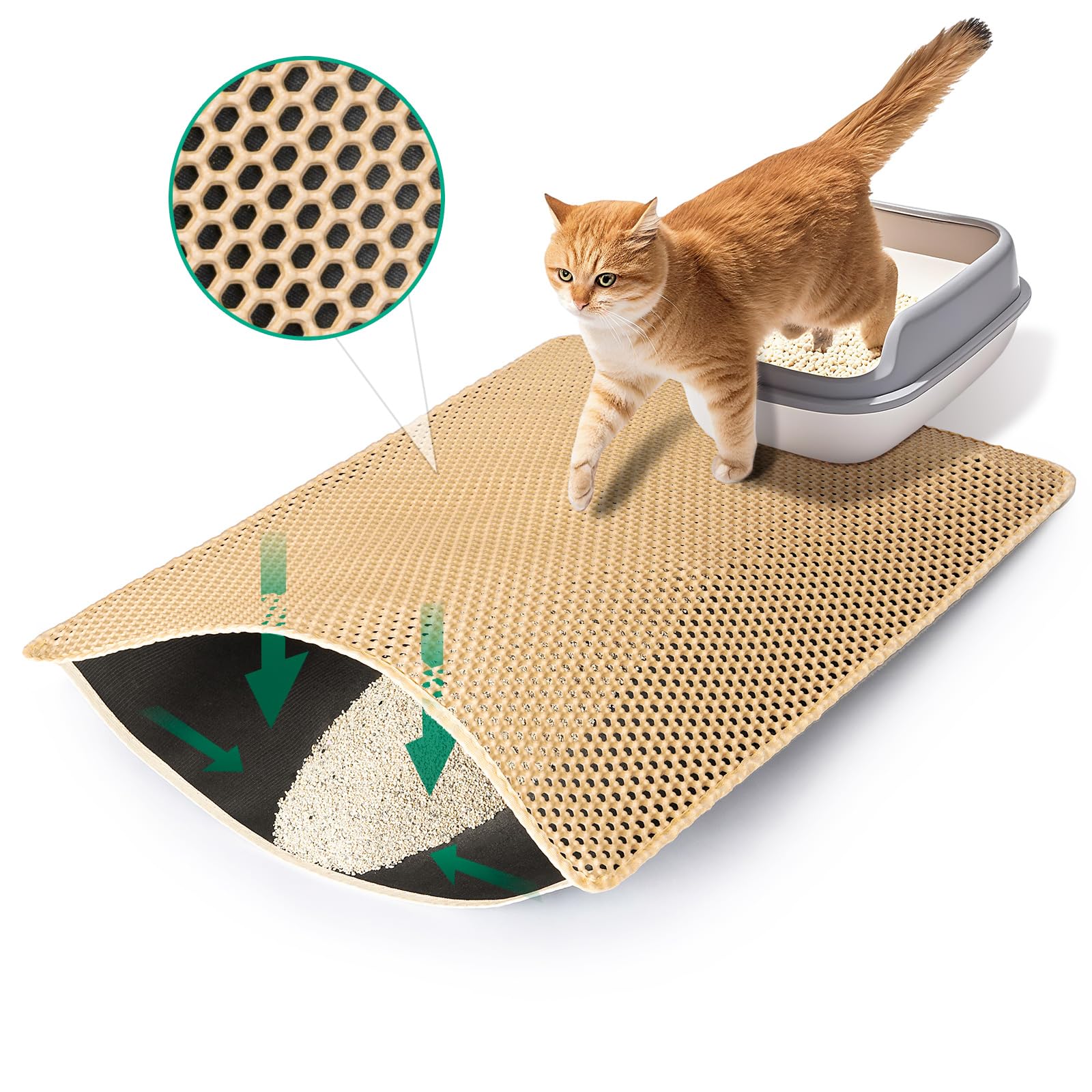 Cat Litter Mats Litter Trapping Mat, 25''x16'' Cat Litterbox Mat for Floor, 2 Layer Honeycomb Pet Litterbox Matt Catcher Rug, Waterproof Urine Proof, Non-Slip, Soft, Clean Easily, Small
