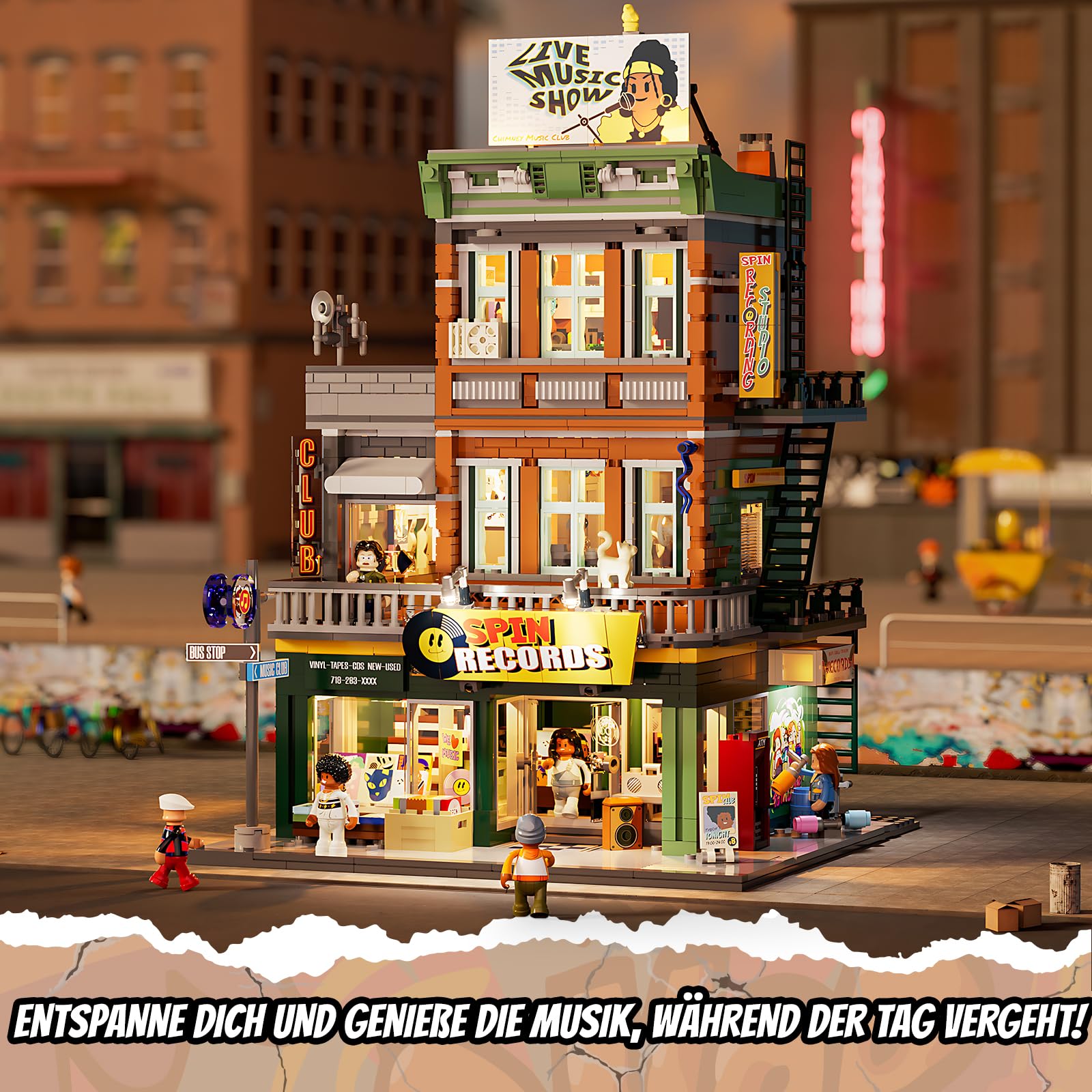 Lumibricks Plattenladen Beleuchtung Klemmbausteine Haus - 1980 Pcs Street Fusion Audio Shop, Multi-Form Modular Building Sammlung Kit für Erwachsene & Musikliebhaber