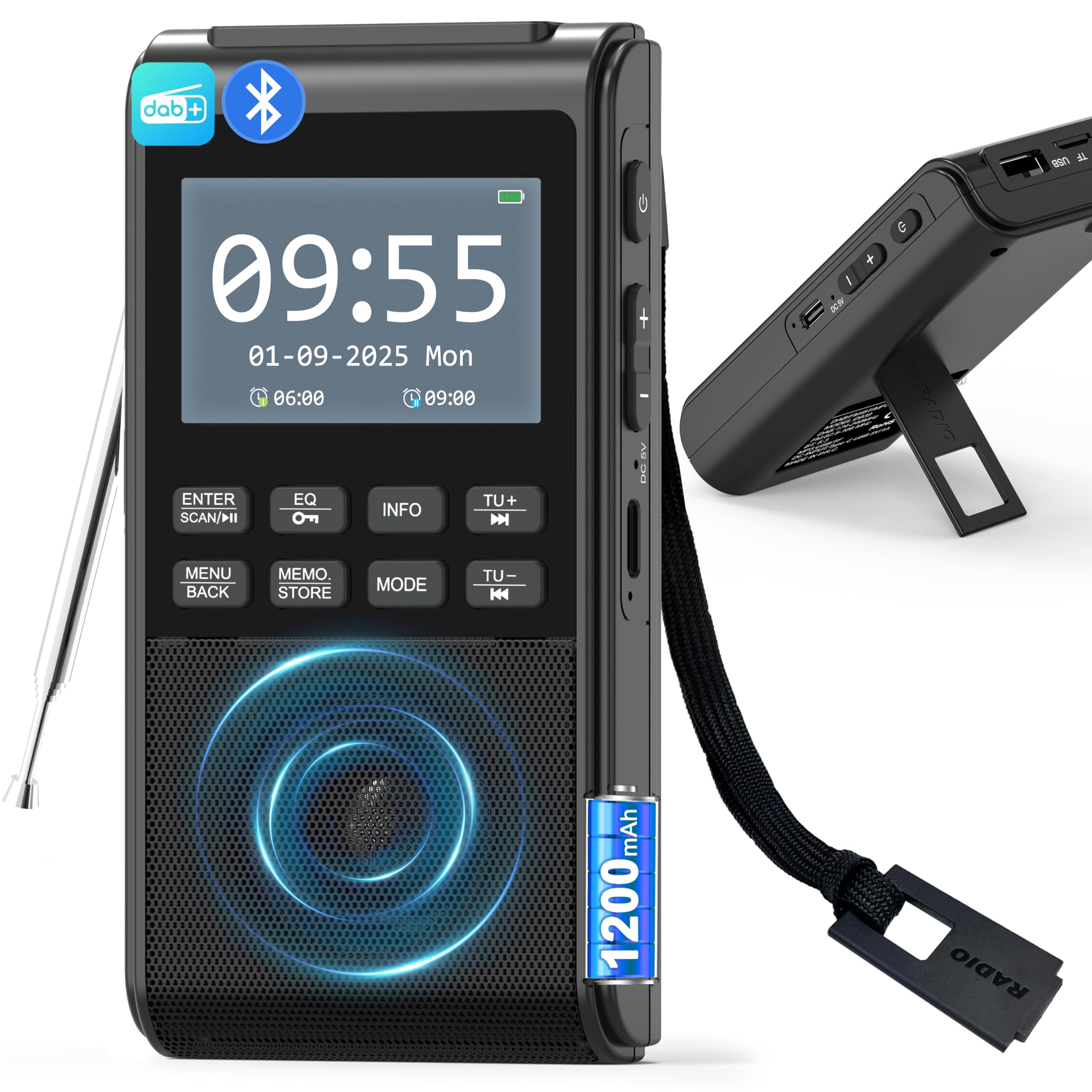 Tragbares DAB-Radio mit Bluetooth 5.3, wiederaufladbares, batteriebetriebenes FM-Radio, klein, Dual-Alarmuhr, DAB+ Digitalradio mit Farbdisplay, großer 5-W-Lautsprecher, unterstützt SD-Karte und
