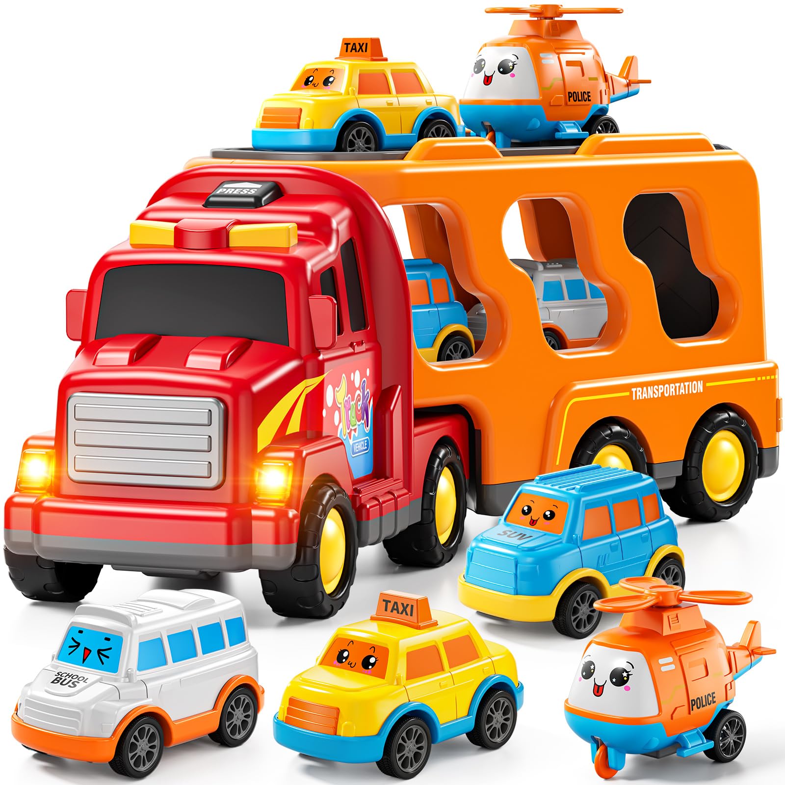 Trucks for Toddlers 3-4 Years, Toys for 3 4 5 6 7 Years Old Boy, 5 in 1 Carrier Transport Truck Vehicle Toy Set with Sound and Light, Christmas Birthday Gift for Kids 3 4 5 6 Years Old