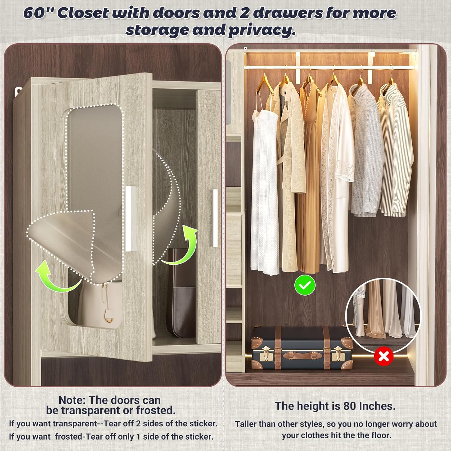 60" Wide x 80" Tall Closet System with Doors and Wooden Drawers, 5FT Adjustable Closet Organizer System for Walk-in Closet, Freestanding Wardrobe Organizers and Storage with Shelves & Hooks, White Oak