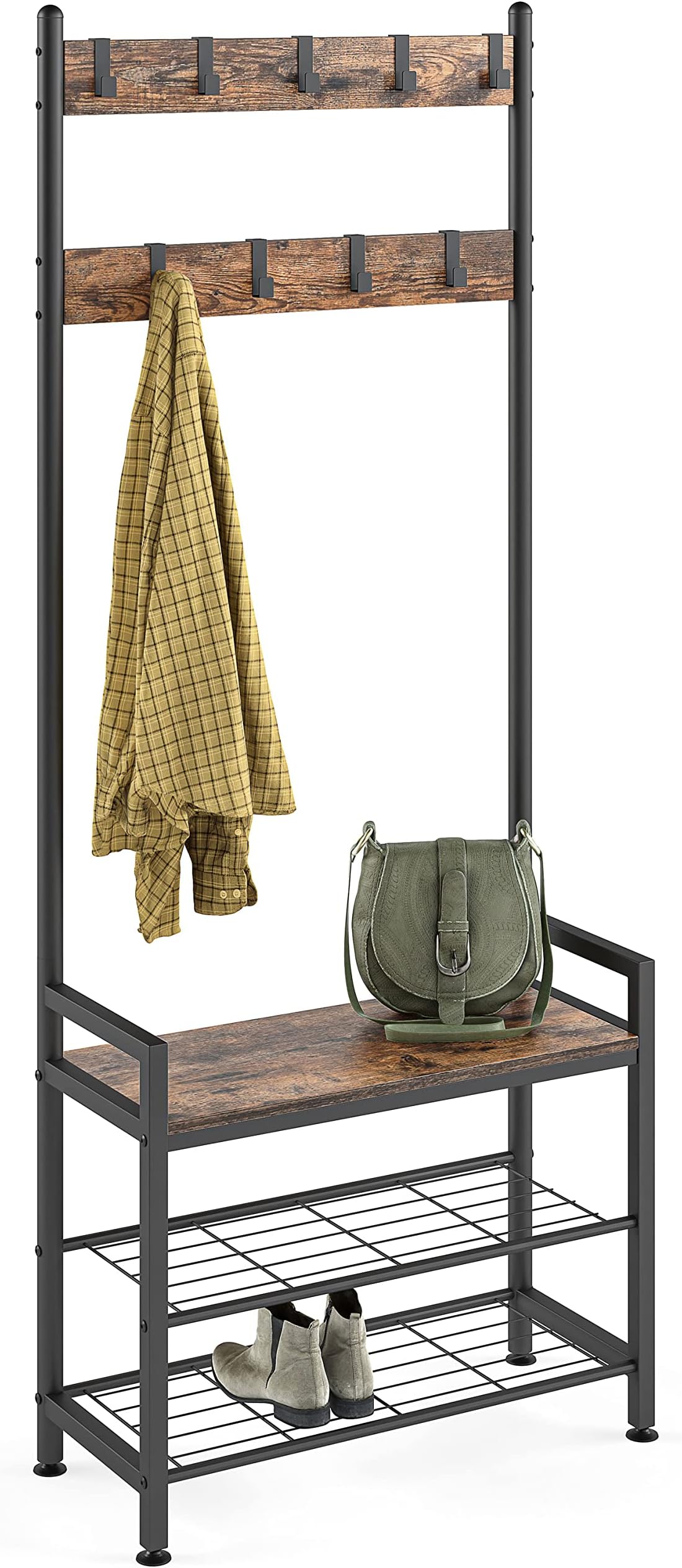 Ballucci Entryway Coat Rack with Shoe Bench, 3-in-1 Hall Tree and Shoe Rack Storage Shelf Organizer, Black Steel Frame with 9 Adjustable Metal Hooks, Rustic Brown