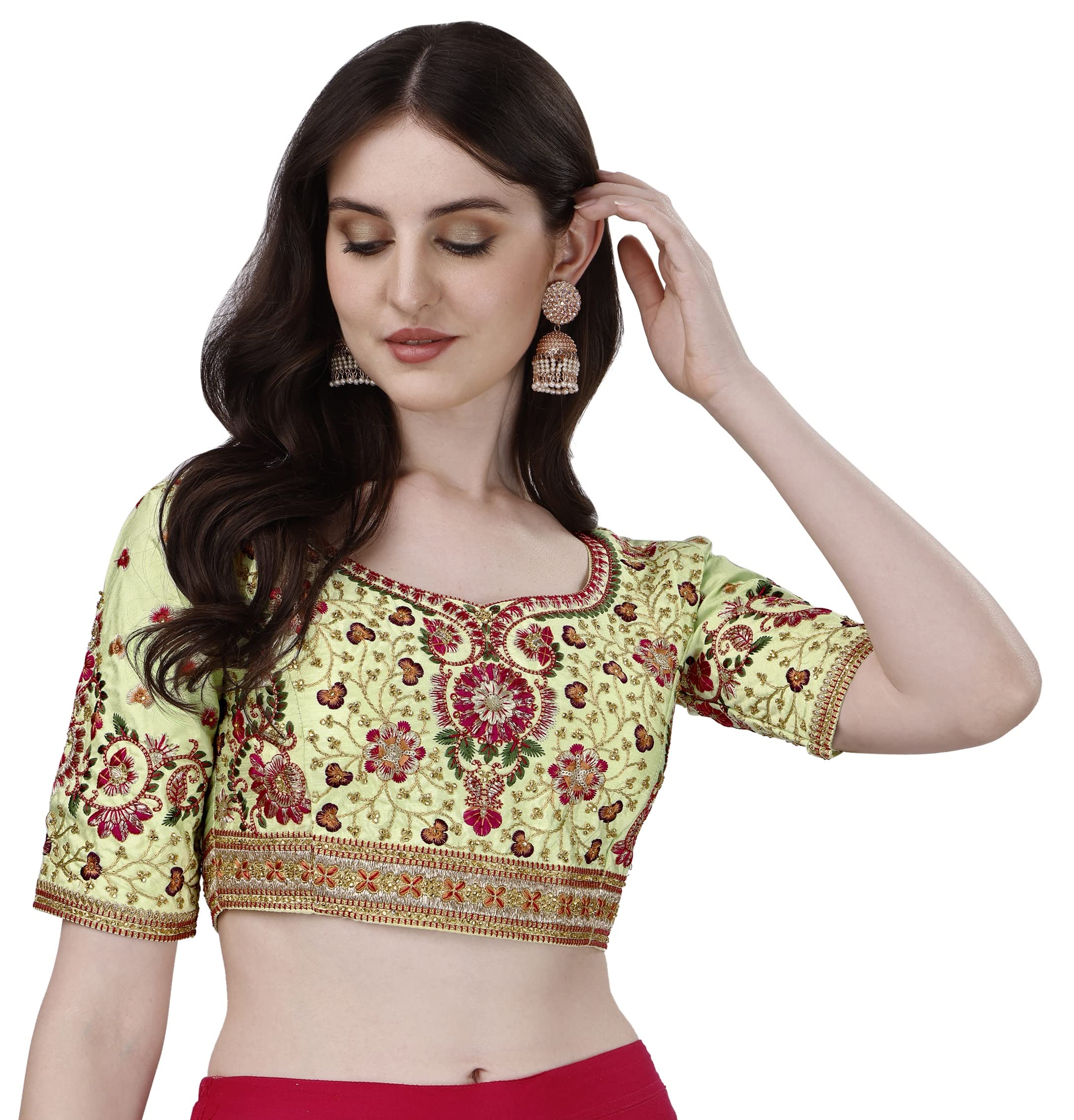 Pujia Mills Women's Heavy Multi Codding Embroidery With Diamond Work Half Sleeve Pista Trendy Blouse(Heer Pista_38)