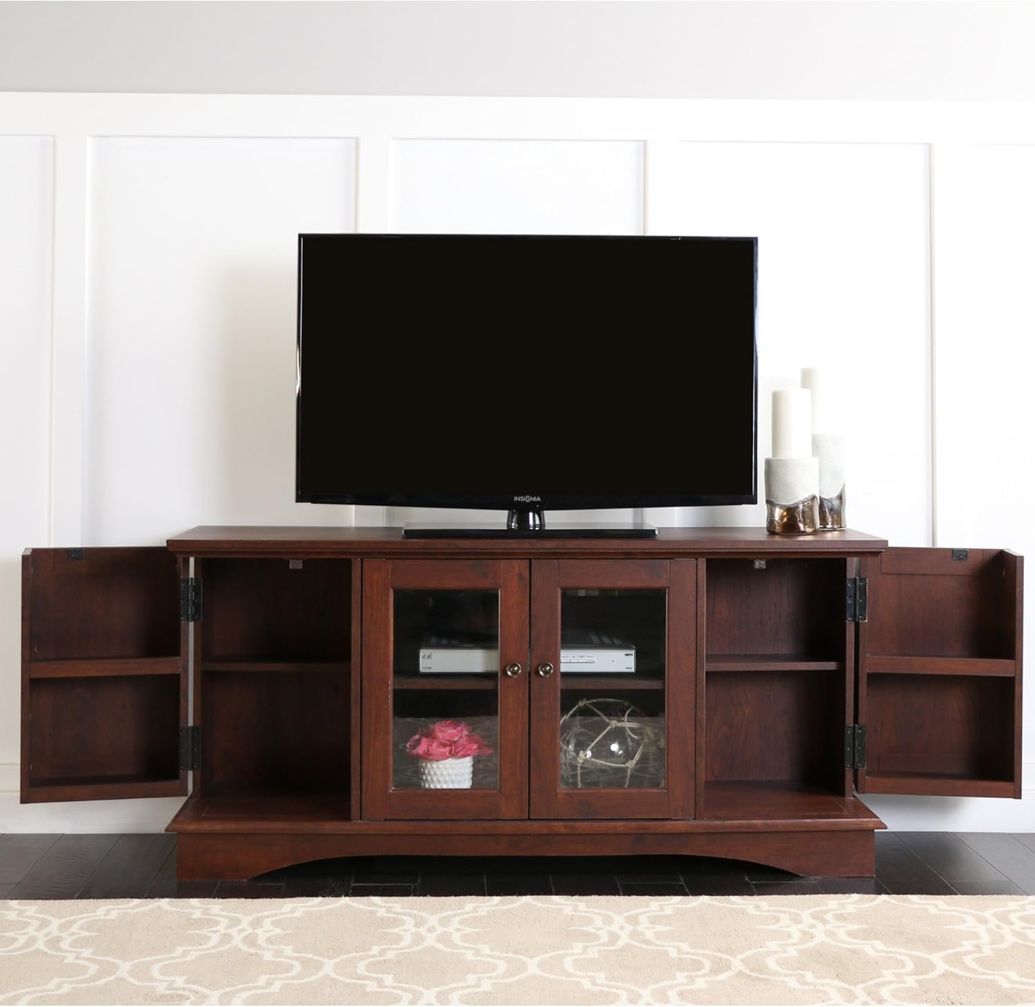 Walker Edison TV Stand with all doors open, showing interior storage