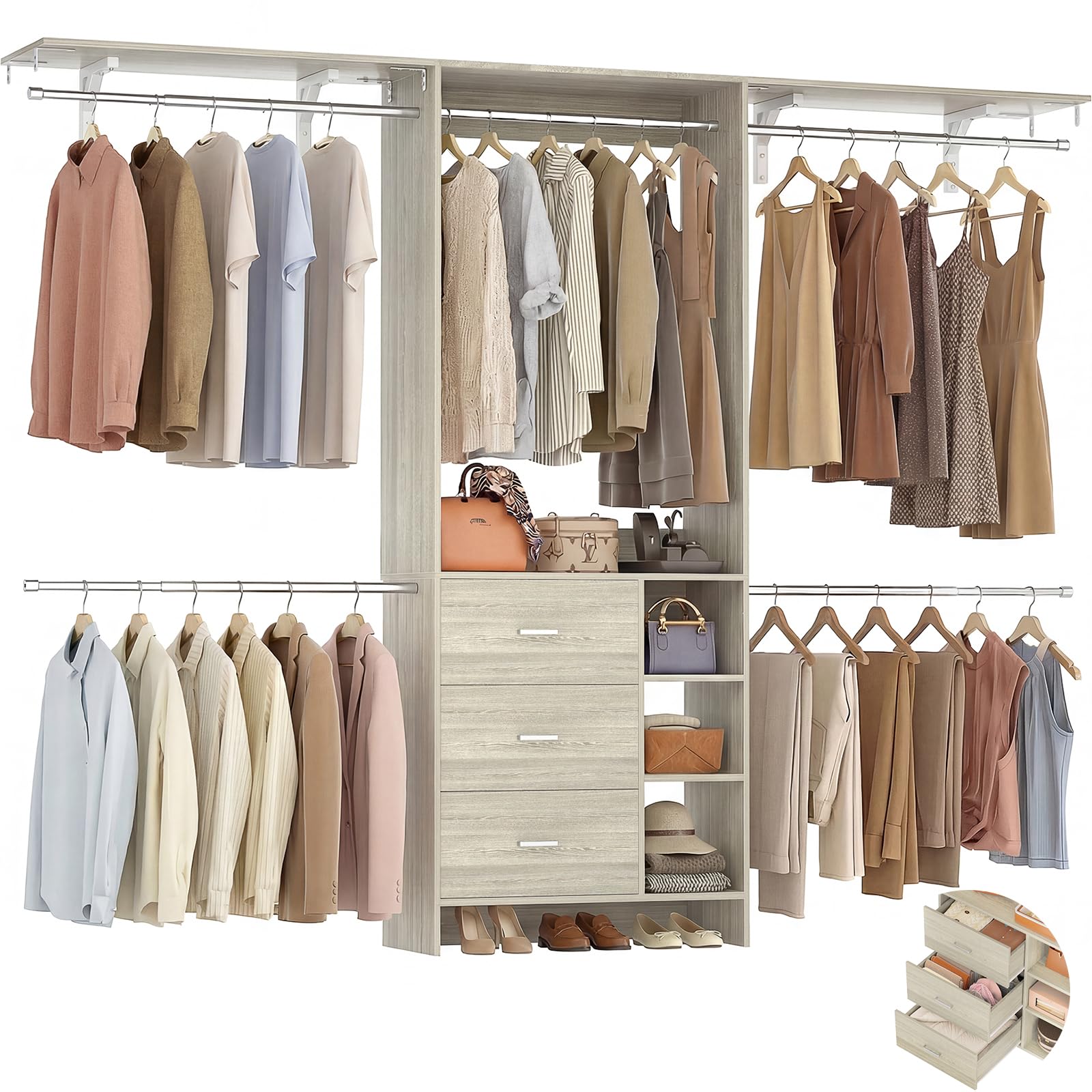 Aheaplus Closet System - 8FT Organizer with 3 Wooden Drawers, Fits 5.3-9 ft Walk-in Closet, White Oak