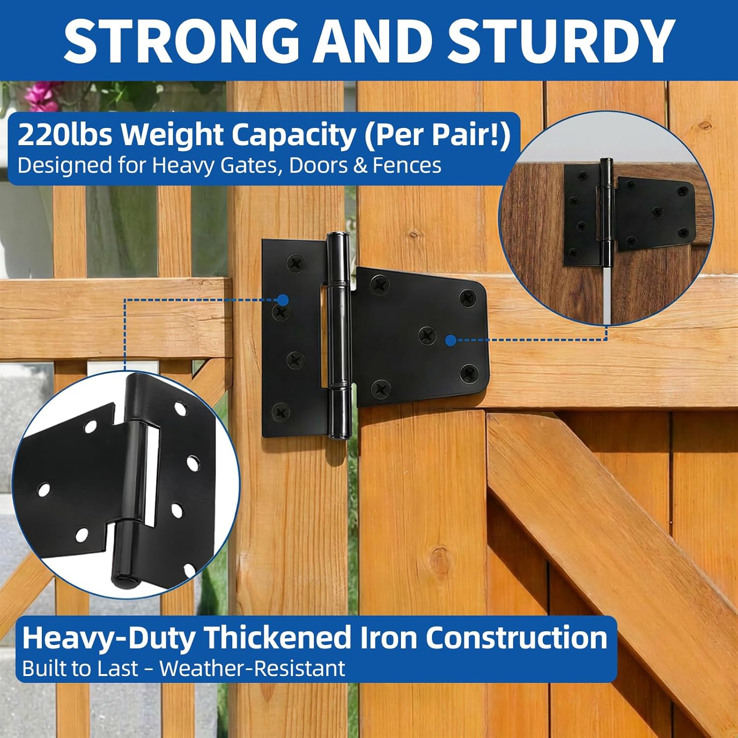 TamBee Black Gate Hinges Shed Hinges Heavy Duty Gate Hinges for Wooden Fences Barn Door Hinges for Wood Outdoor 3.5inch with Screws (Pack of 6)