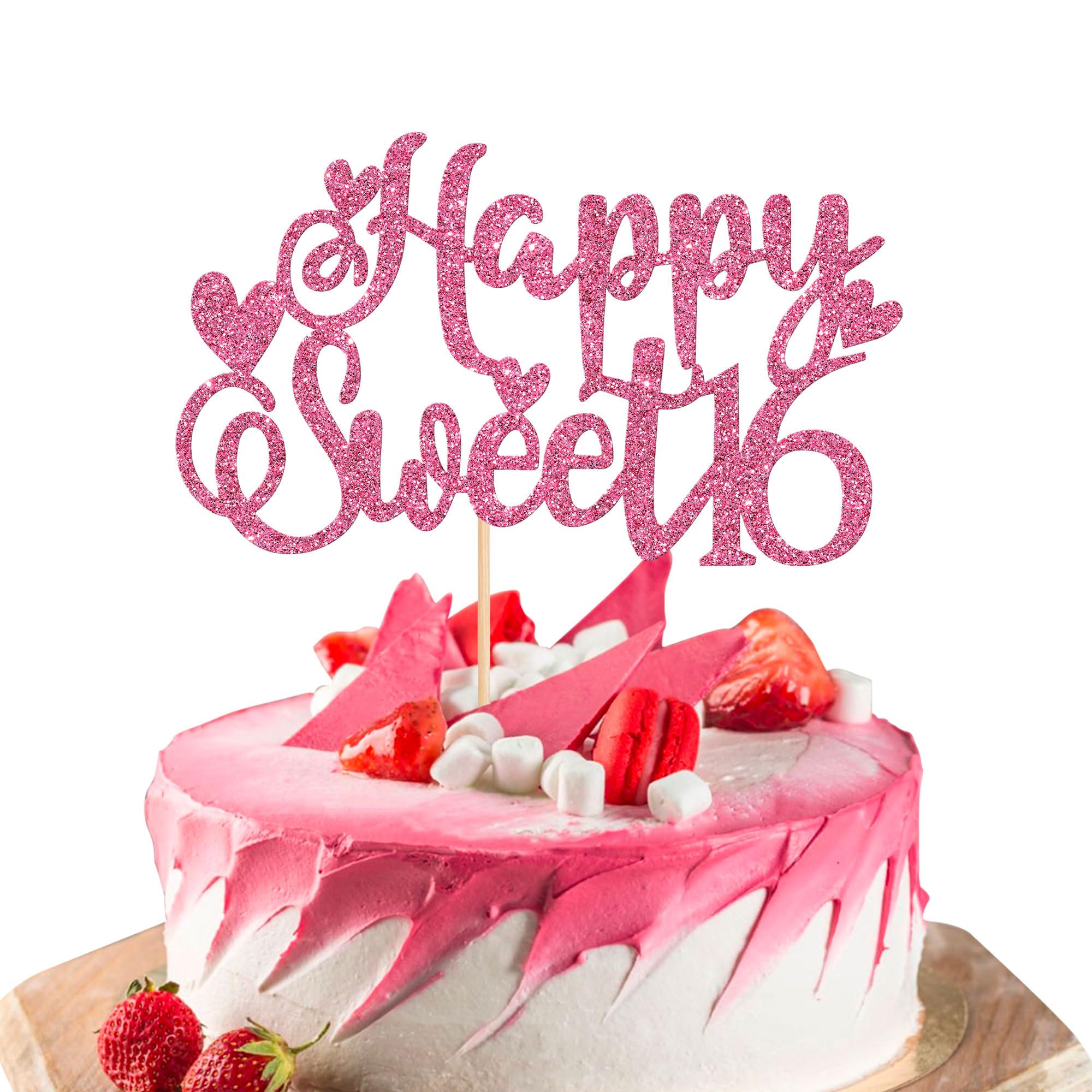 Pink Glitter 'Sweet Sixteen' Cake Topper - Bowknot Design For 16th Birthday Party Decorations