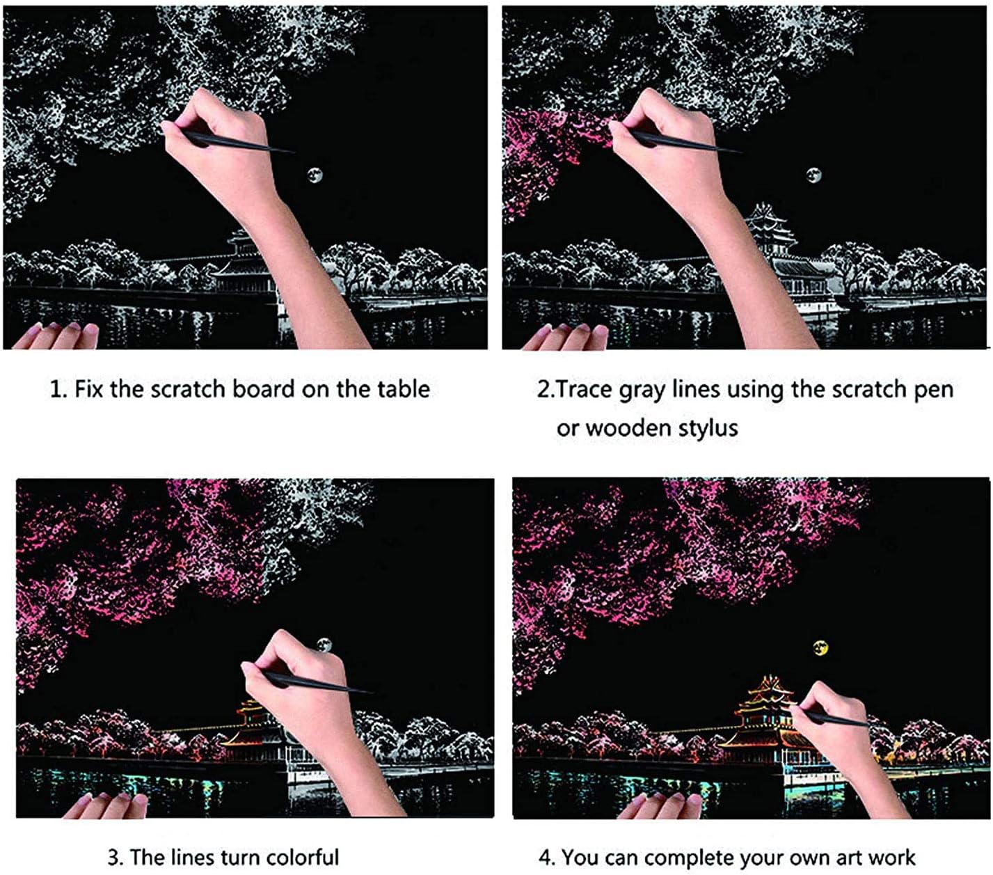 Scratch & Sketch Art Paper A4 for Kids & Adults, Rainbow Painting Night View Art&Craft, Engraving Art Set: 8 Sheets Scratch Cards & Scratch Drawing Pen, Clean Brush (Fireworks Series)