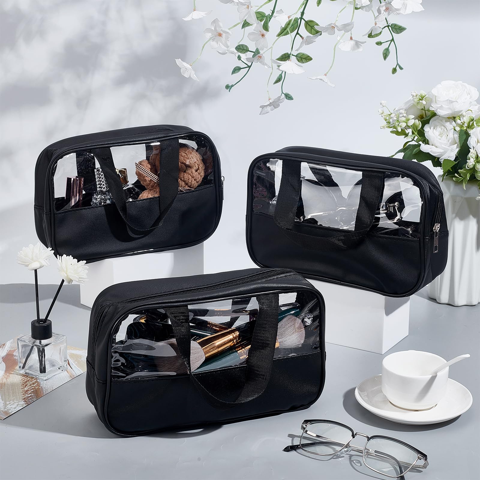 15 bolsas de maquillaje de PVC transparente, organizador de viaje impermeable con asa para colgar, Black, Clásico