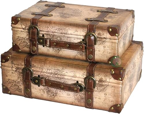 Vintiquewise (TM) Maleta de piel estilo vintage con diseño de mapa del mundo antiguo con correas, juego de 2