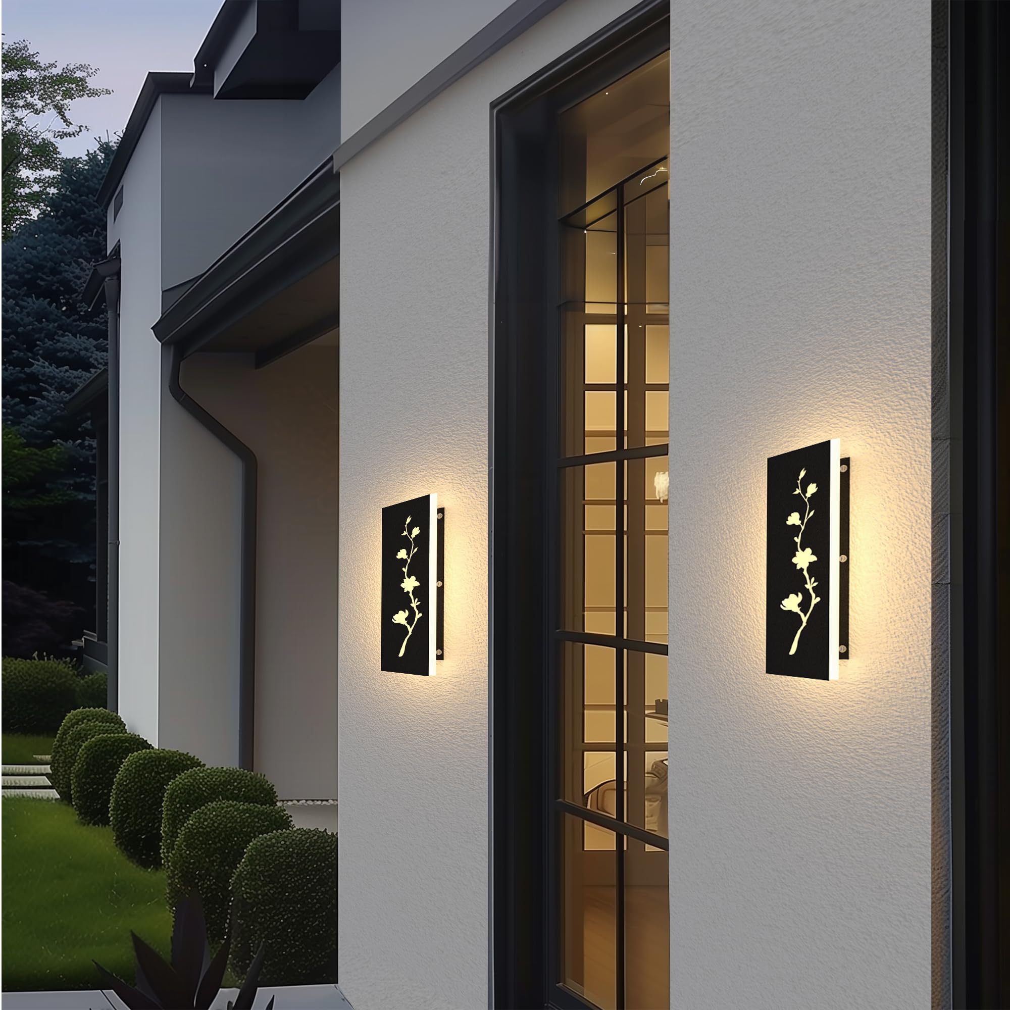 Aplique LED Para Exterior, Flores De Magnolia Aplique Hueco Para Exterior 12W, Impermeable Negro Luces De Pared Exterior 3000K Iluminación Exterior Para Villas Terrazas Patios Porches 30cm