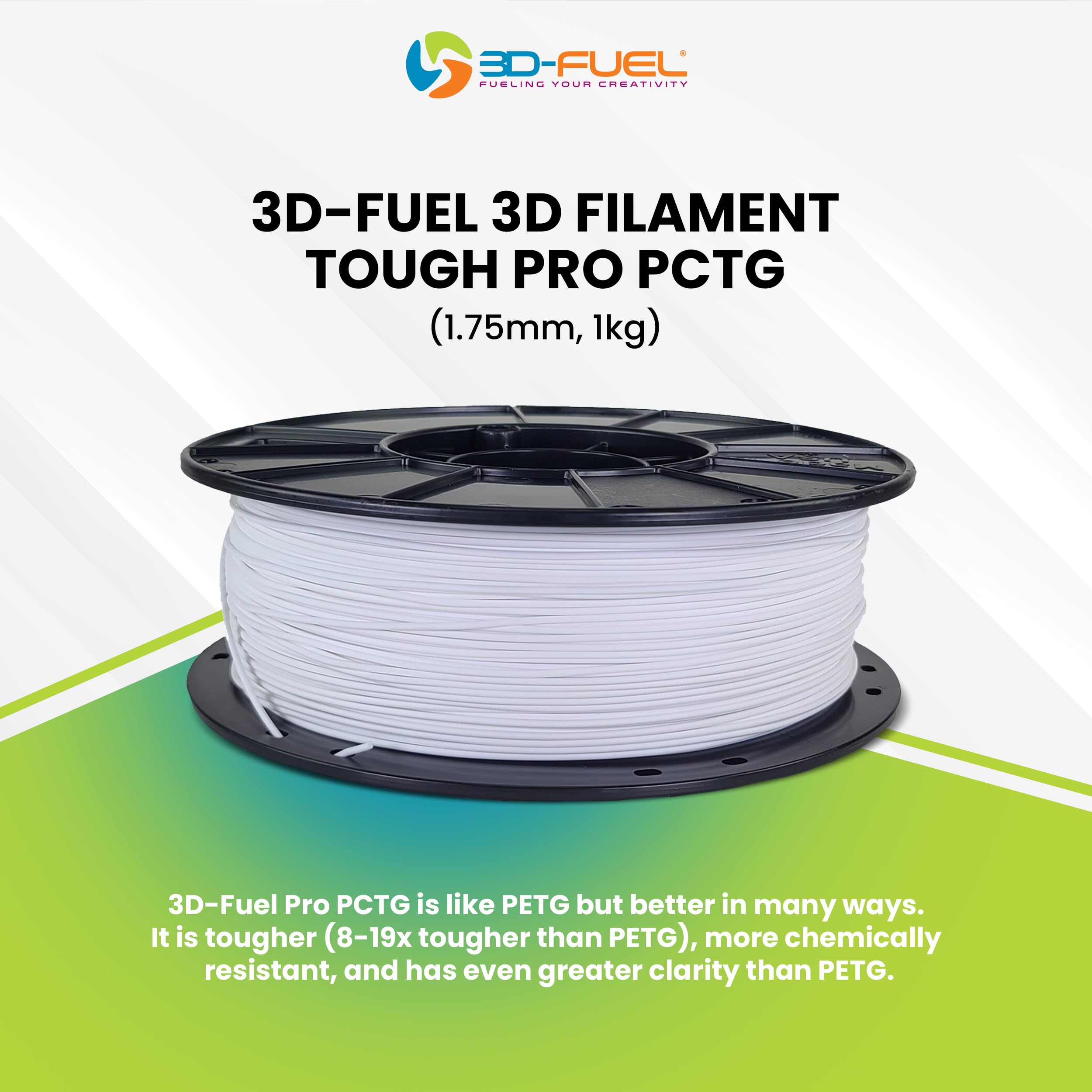 Filamento 3D-Fuel Tough Pro PCTG per stampa, migliore del filamento PETG, prodotto negli USA, precisione dimensionale +/- 0,02 mm, 1,75 mm, bobina da 1 kg, fosforescente