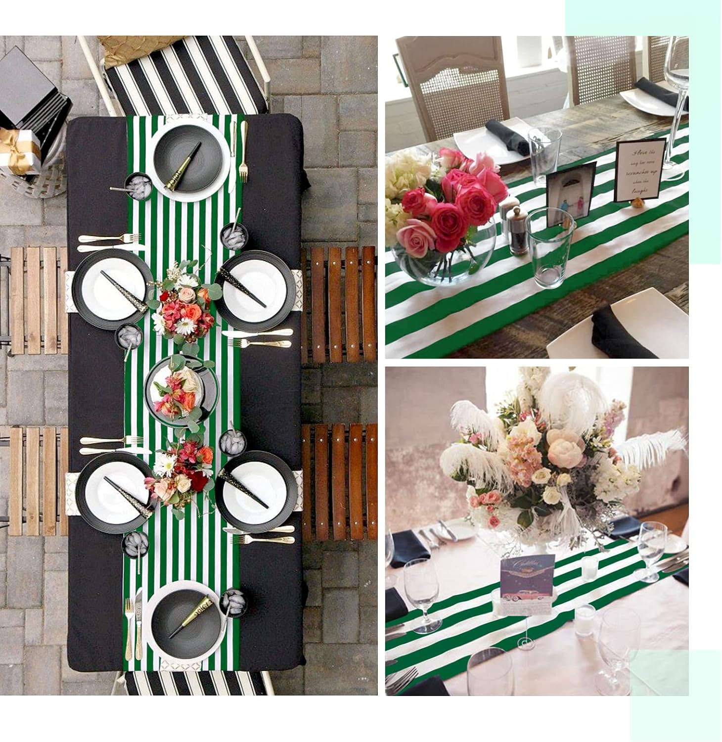 10 Pack Striped Table Runner Polyester Table Decor Classic Green and White Striped Table Runner Modern Elegant Design for Indoor Outdoor Events Banquet Party Wedding (12 x 72 Inch)