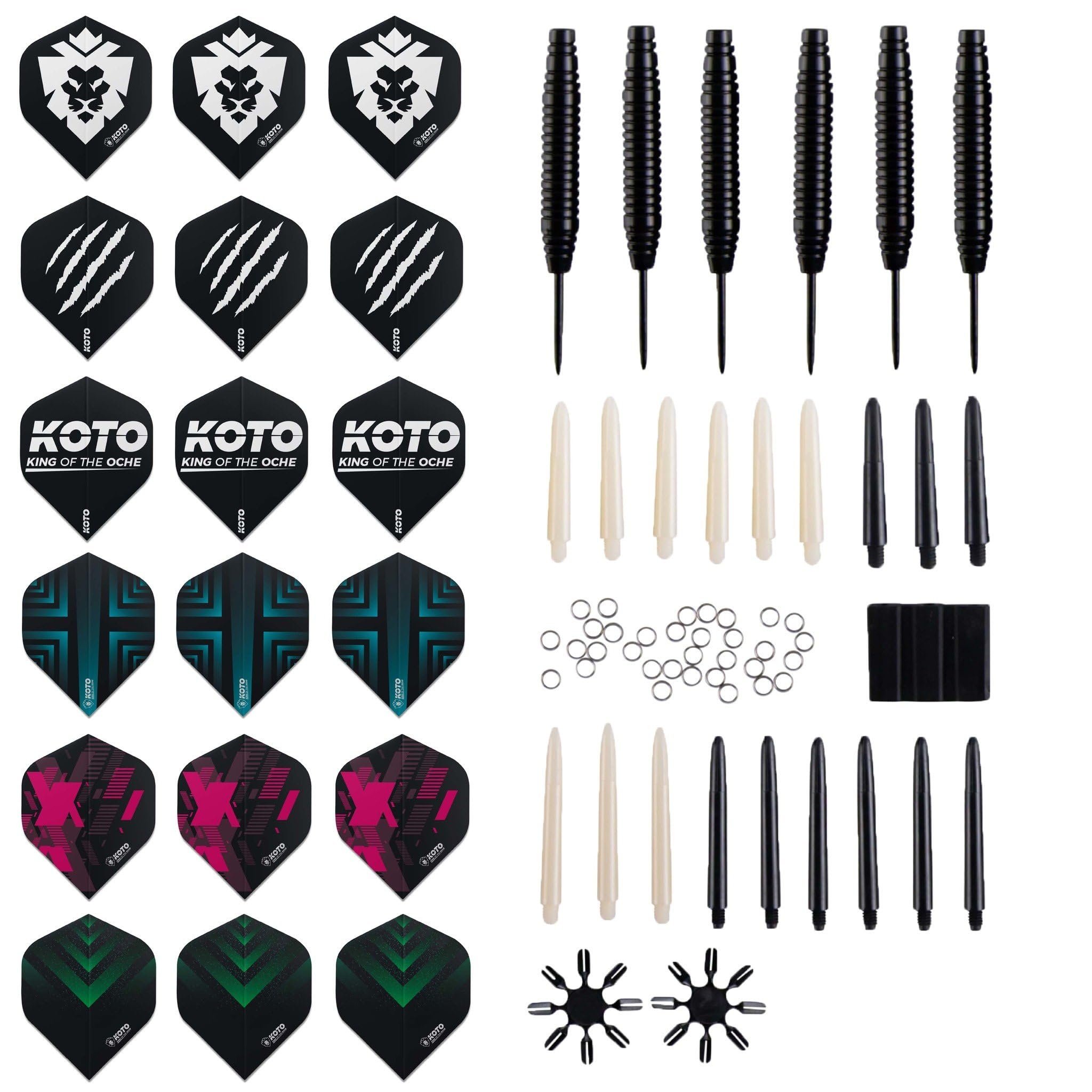 KOTO - King PRO Nero (Dimensioni Ufficiali), Bersaglio in Sisal, Bordo Protettivo 4 Pezzi, 2 Set di Freccette KOTO & Accessori, Alette, Aste
