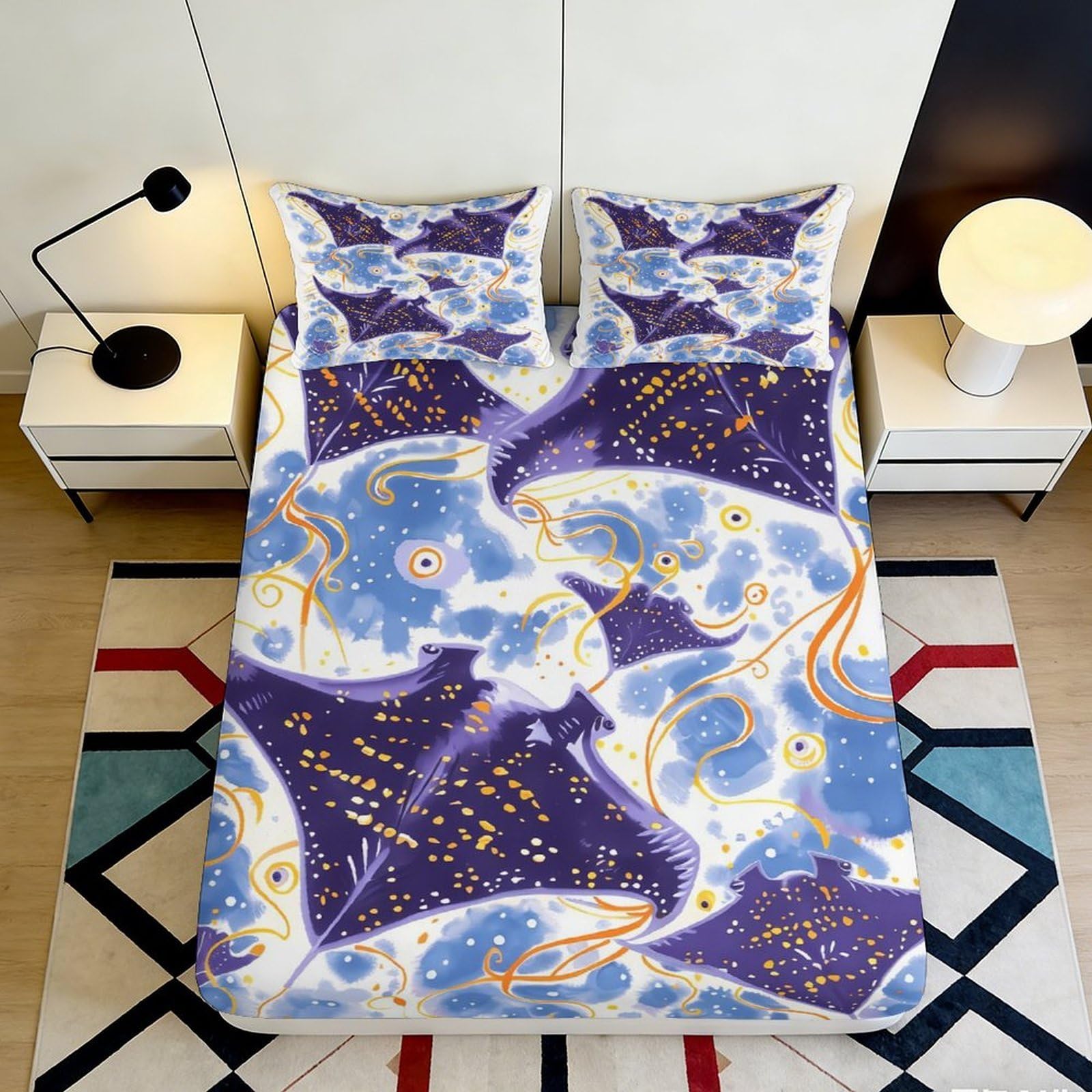 3D Printed Ocean Manta Ray Fitted Sheet Microfiber Soft Non-slip Mattress Cover Blue Sea Bedroom Decor 120x200x25cm