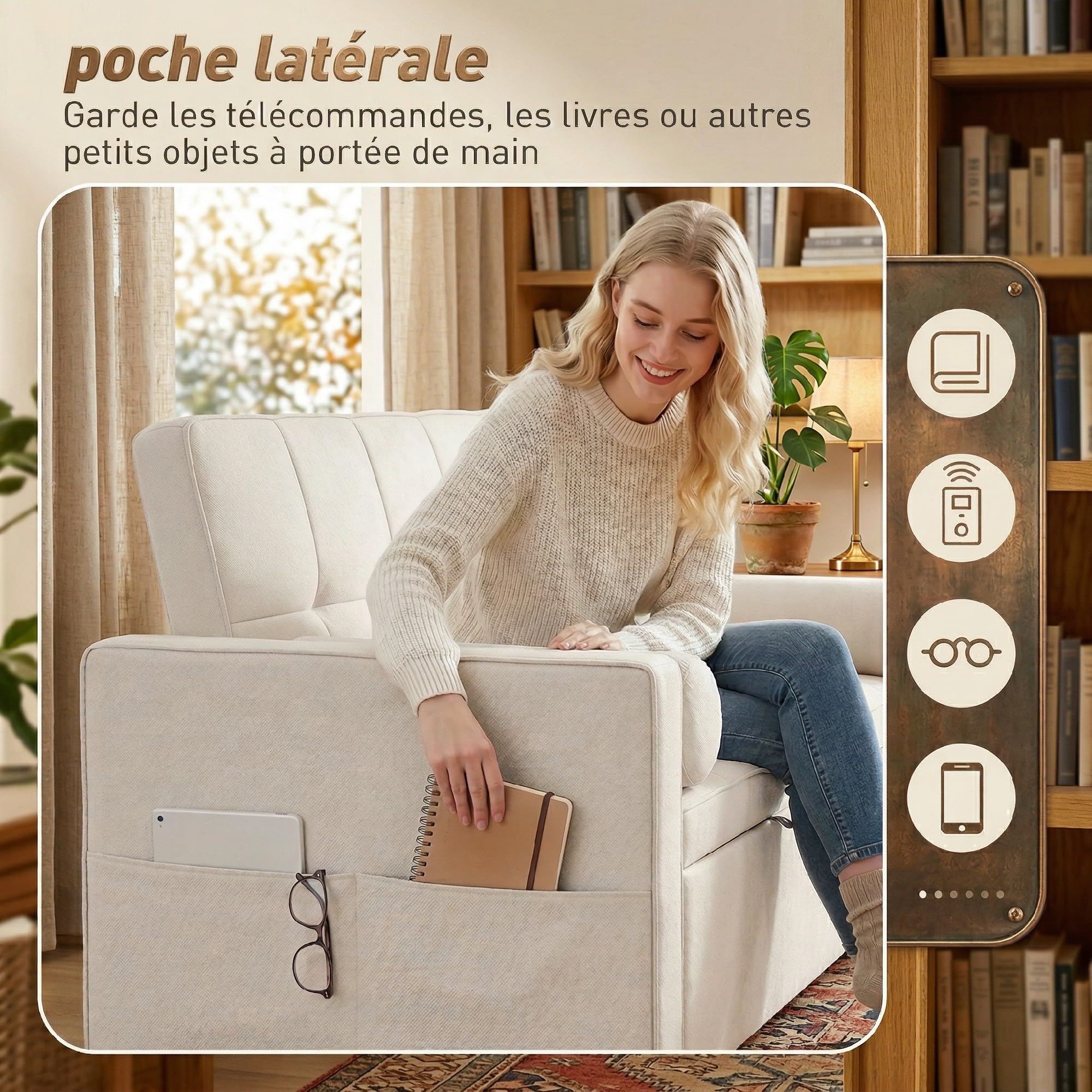 HOMCOM Canapé Convertible 2 Places 3 en 1, canapé-lit capitonné, lit gigogne Double, Dossier réglable, 2 Coussins et Poches d'accoudoirs, Tissu Aspect Lin, pour Chambre, Beige