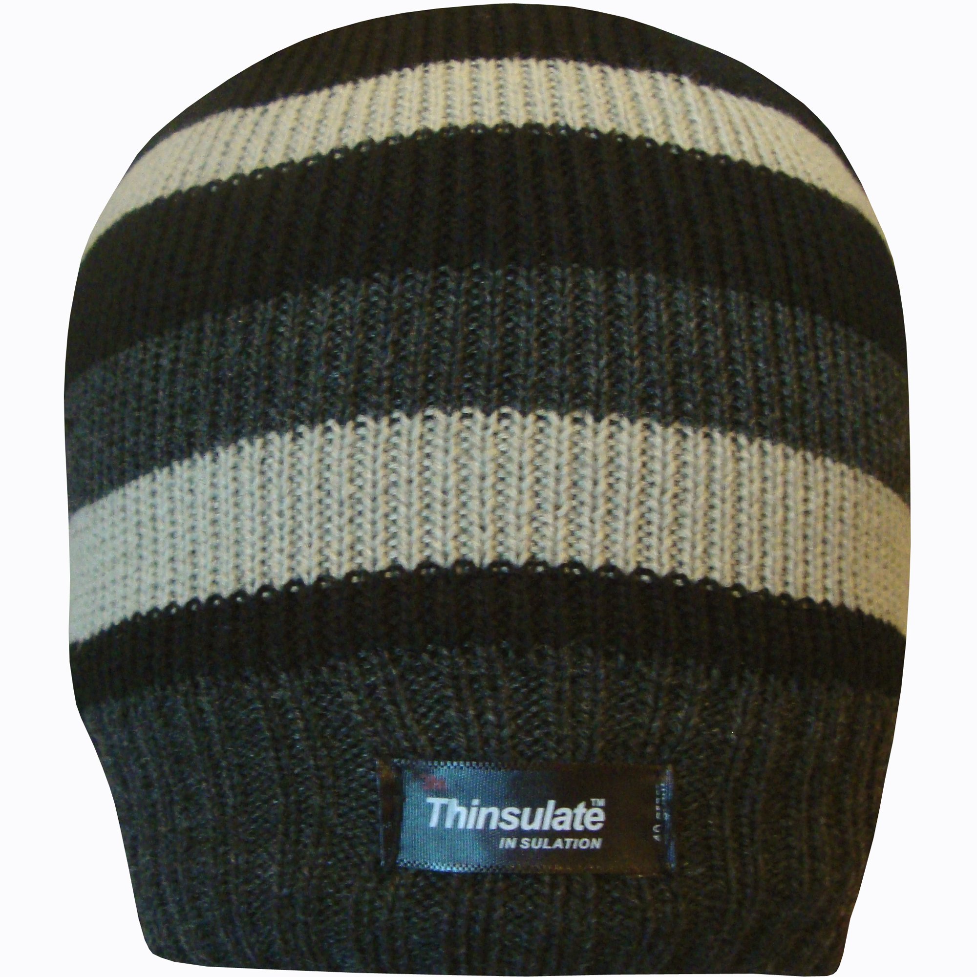 TeddyT's Mens Striped Thermal Knit Fleece Lined Thinsulate Winter Beanie Hat (Grey & Cream)
